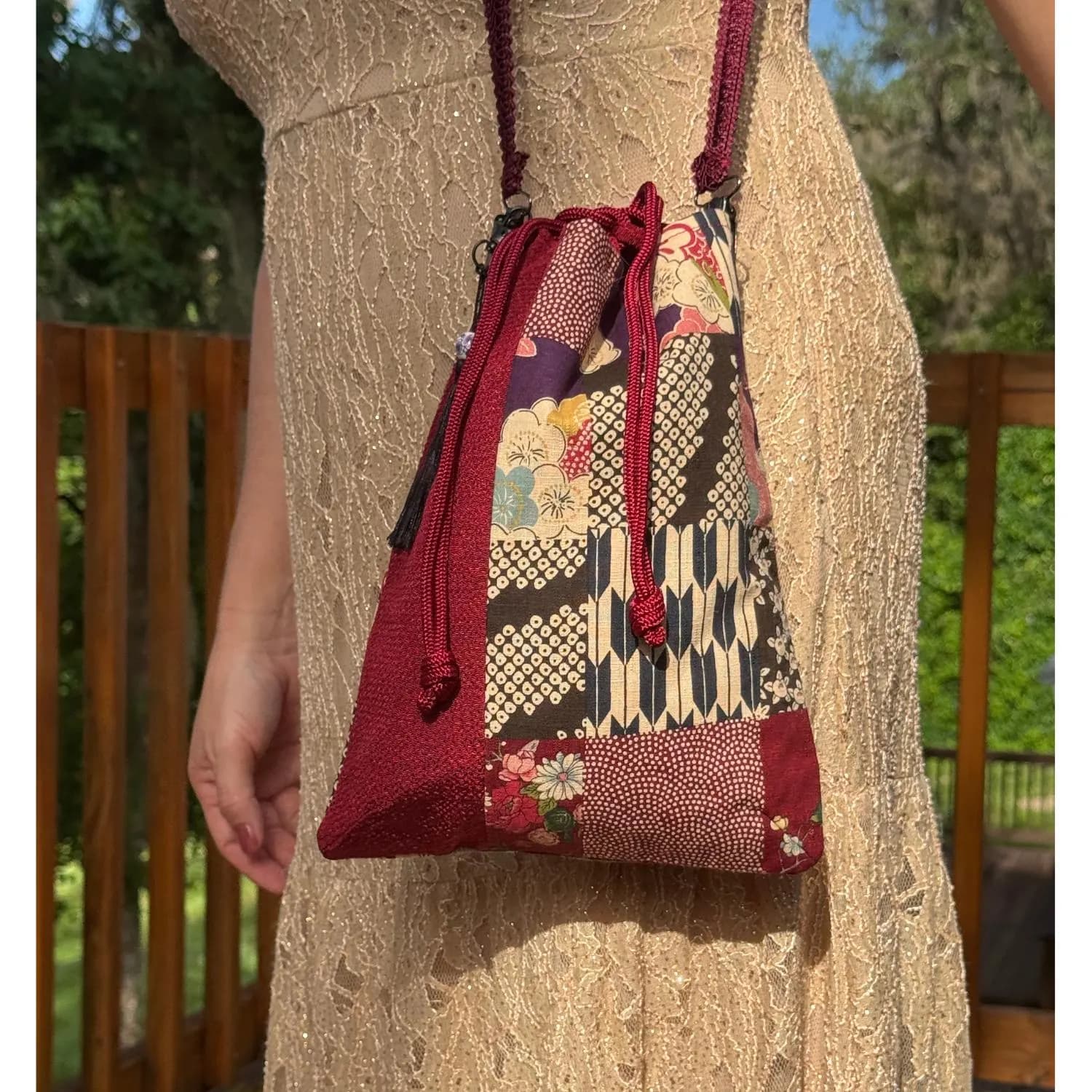 Japanese Kinchaku Purse Burgundy Kimono Fabric Kyoto Drawstring