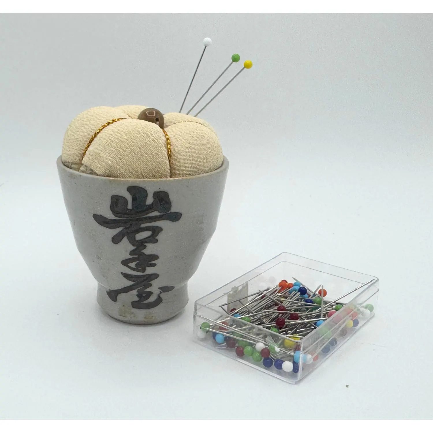 Vintage Sake Cup Pincushion, Brown Stoneware with Kimono Silk