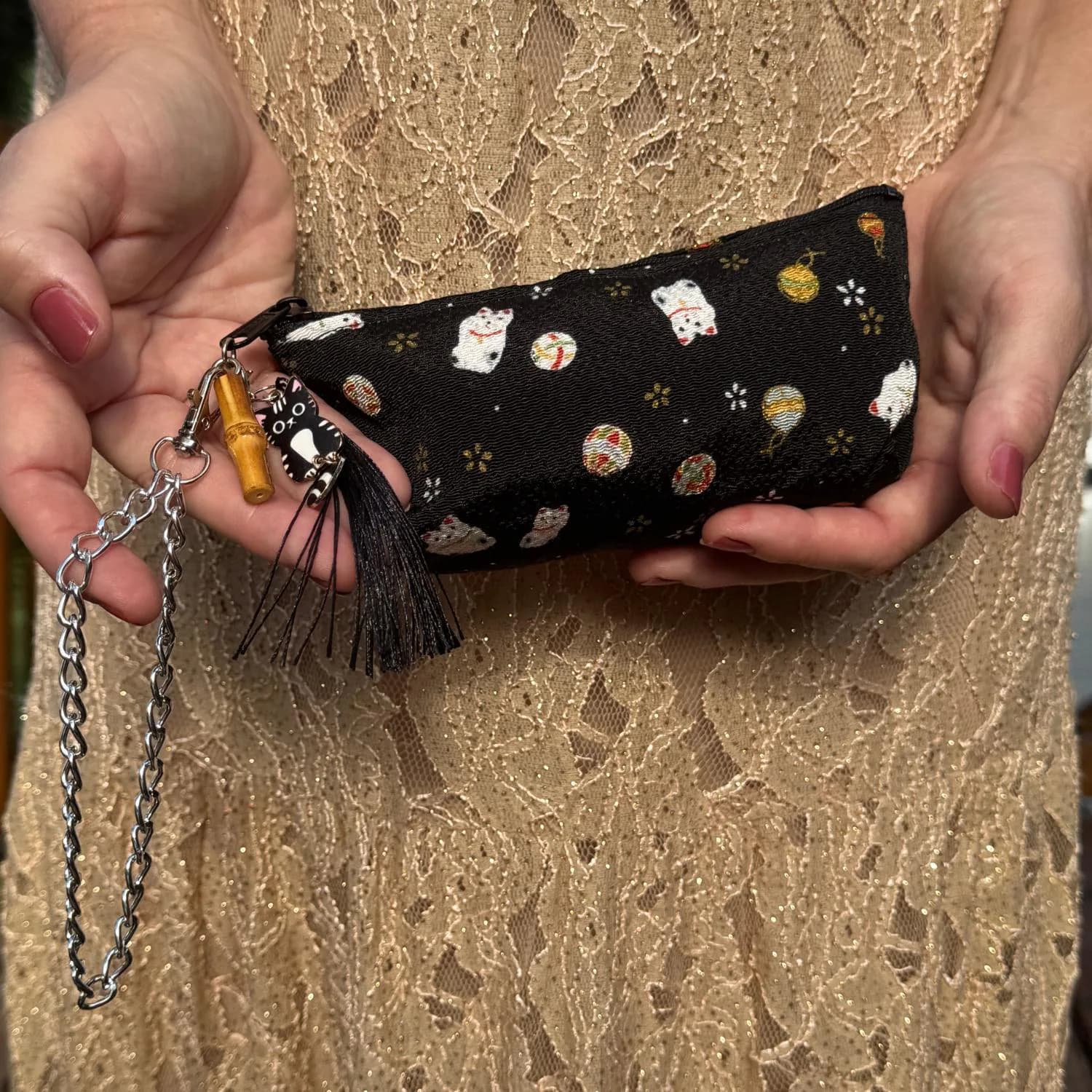 Japanese Makeup Bag Pouch Lucky Cat Black Kimono Fabric Kyoto Zipper