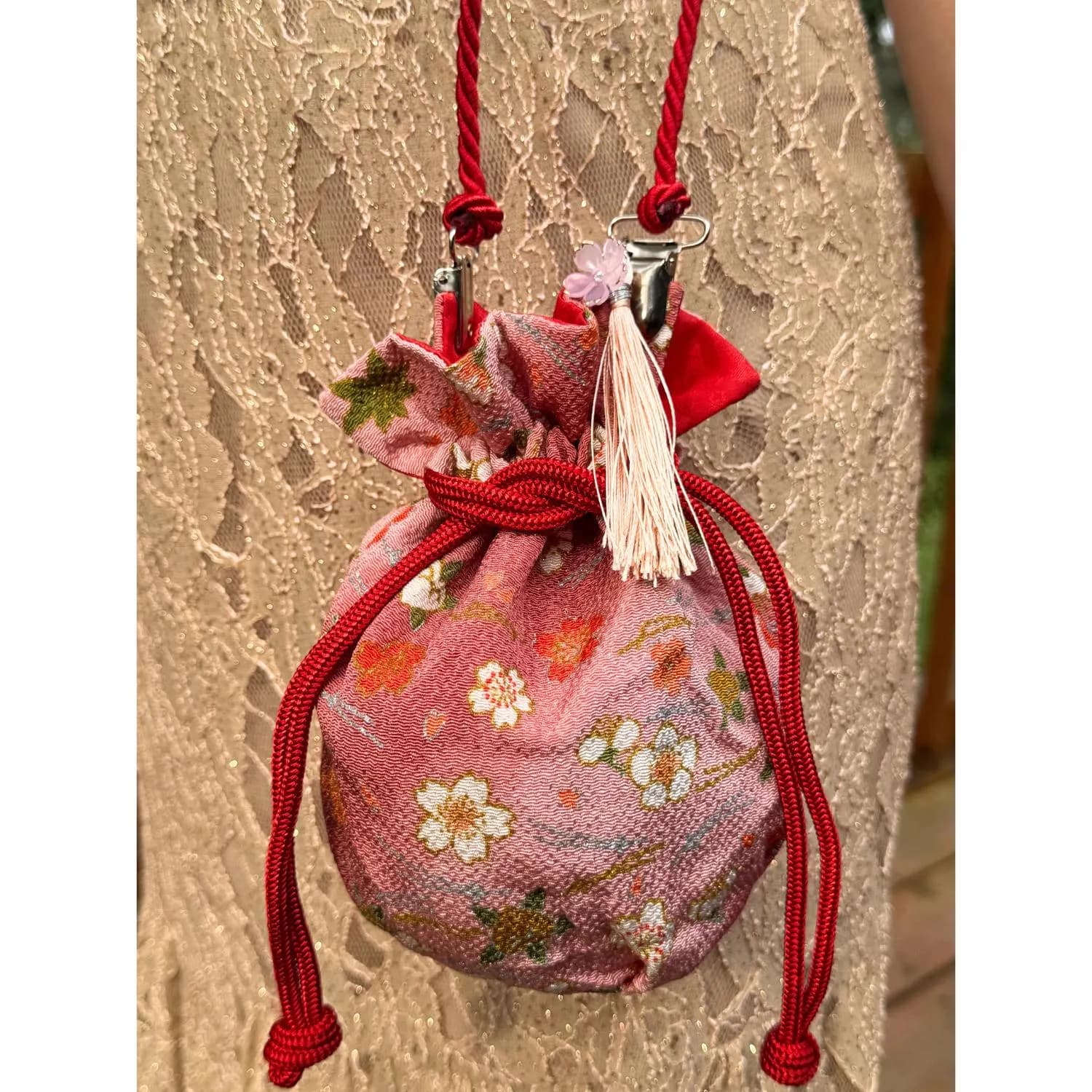 Japanese Kinchaku Purse Pink Sakura Kimono Fabric Kyoto Drawstring