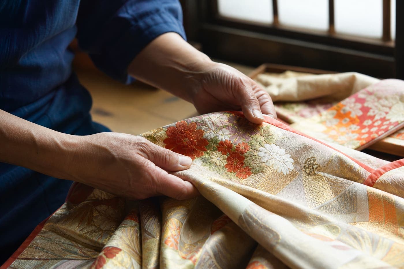 Hands examining vintage kimono silk in the Kyotokura workshop