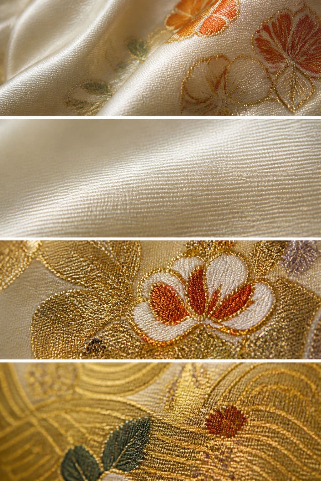 Macro view of quality vintage Japanese silk weave and gold brocade