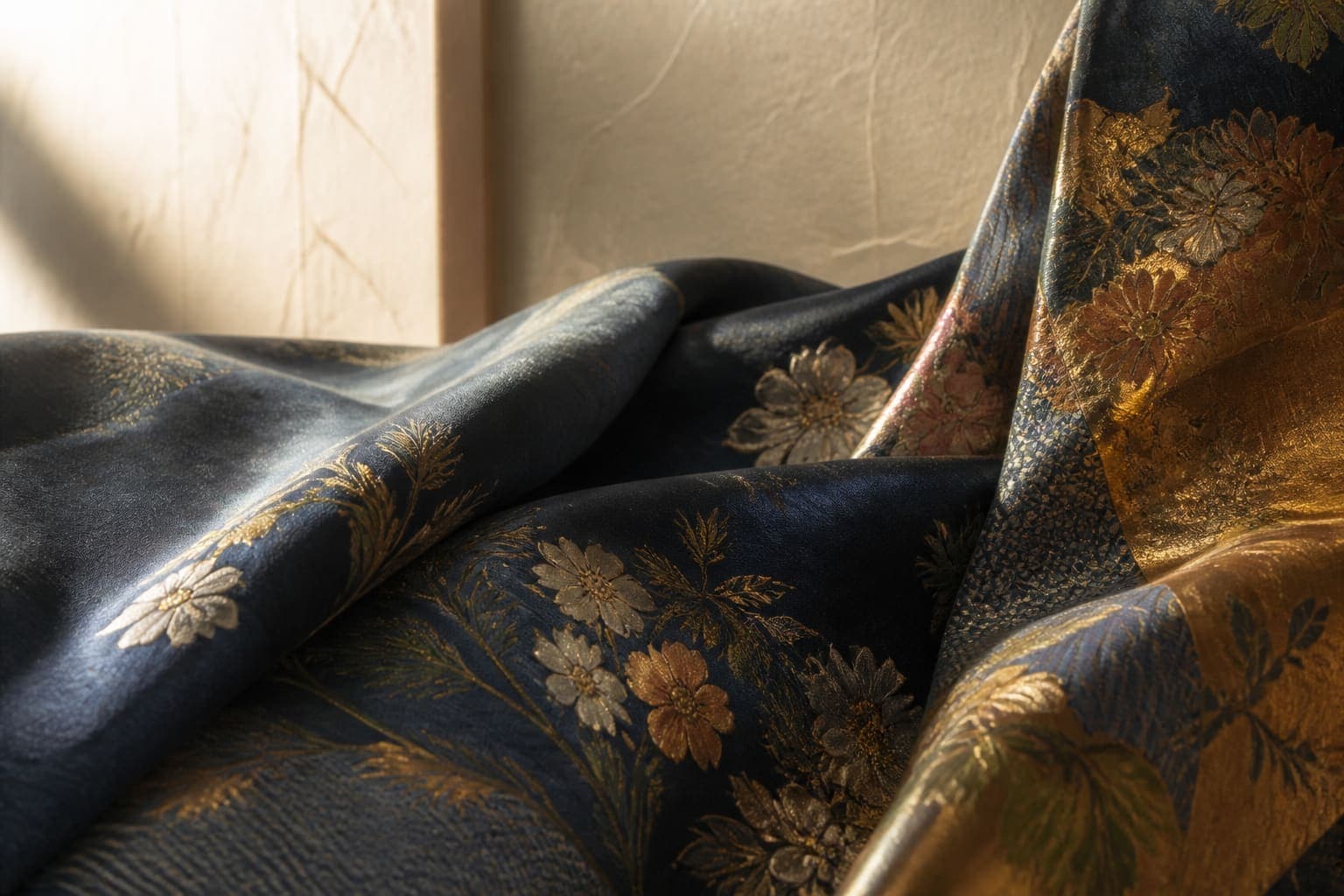Vintage Japanese kimono silk in indigo and gold