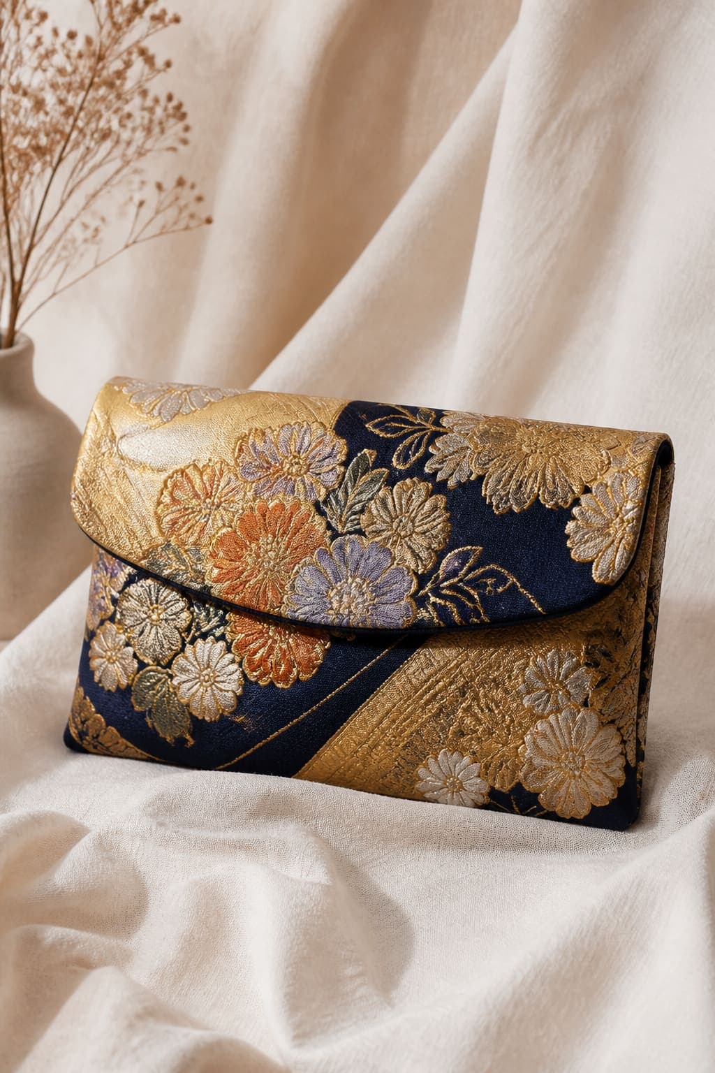 Fuji Clutch — Vintage gold and navy maru obi
