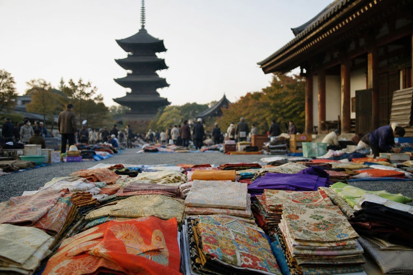 Toji Temple market with vintage kimono and obi