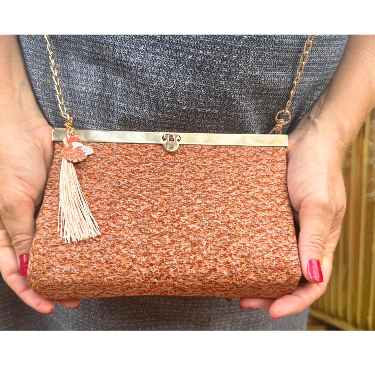 Kimono Silk Clutch Orange, Japanese Purse, Gold Bar Frame Kitsune Fox Charm Crossbody Bag