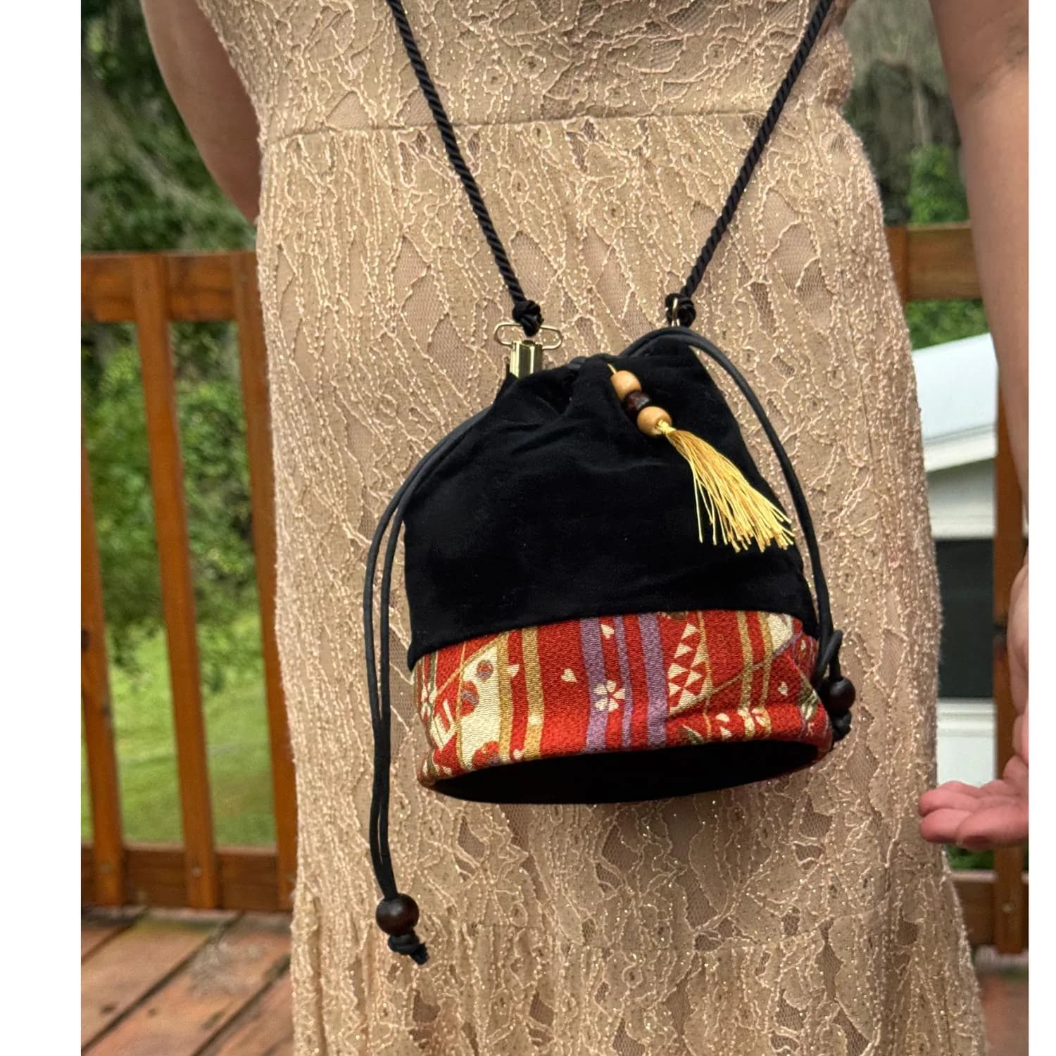 Japanese Kinchaku Purse Black Kimono Fabric Kyoto Drawstring