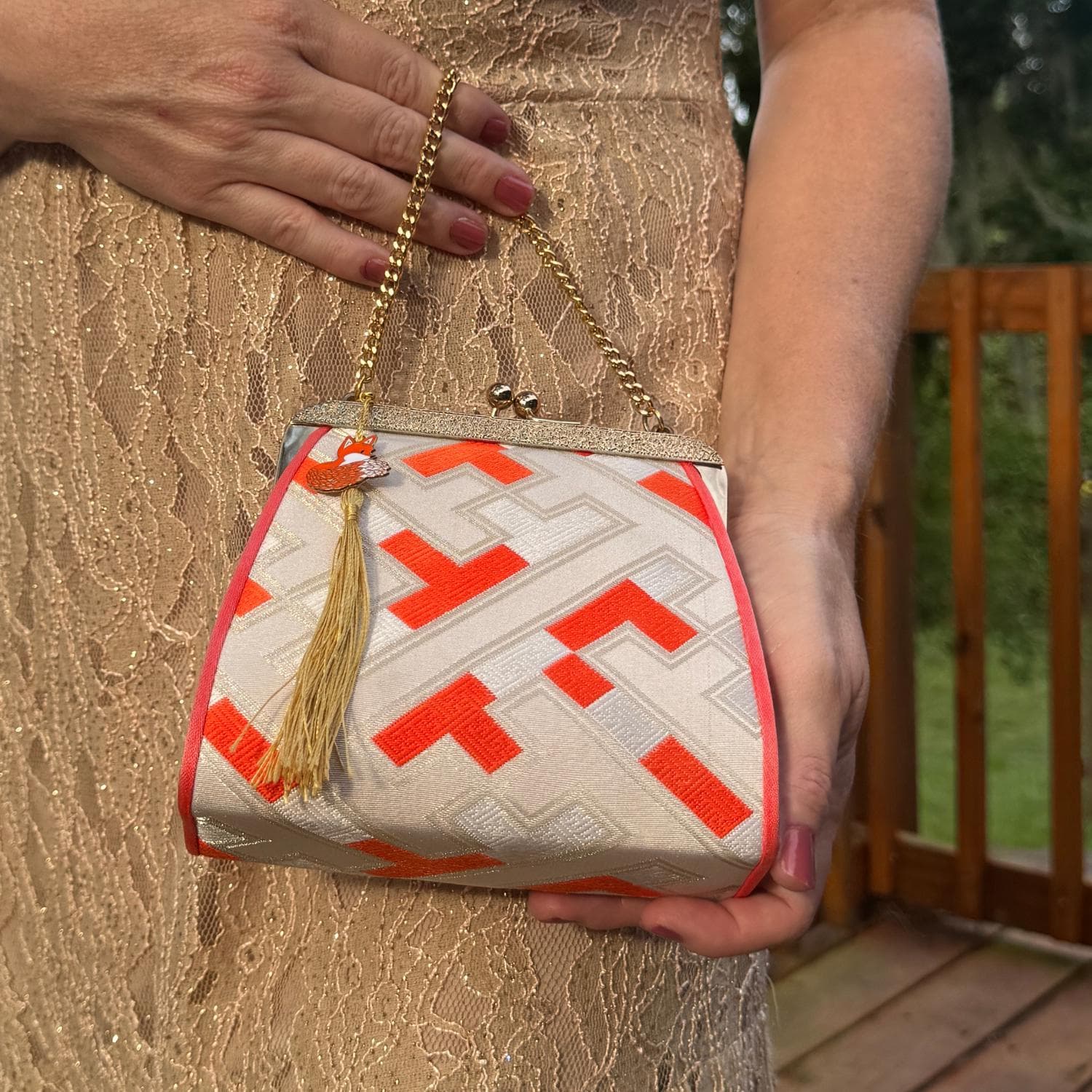 Japanese Kiss Lock Bag Purse Orange Cream Kimono Clutch Kyoto