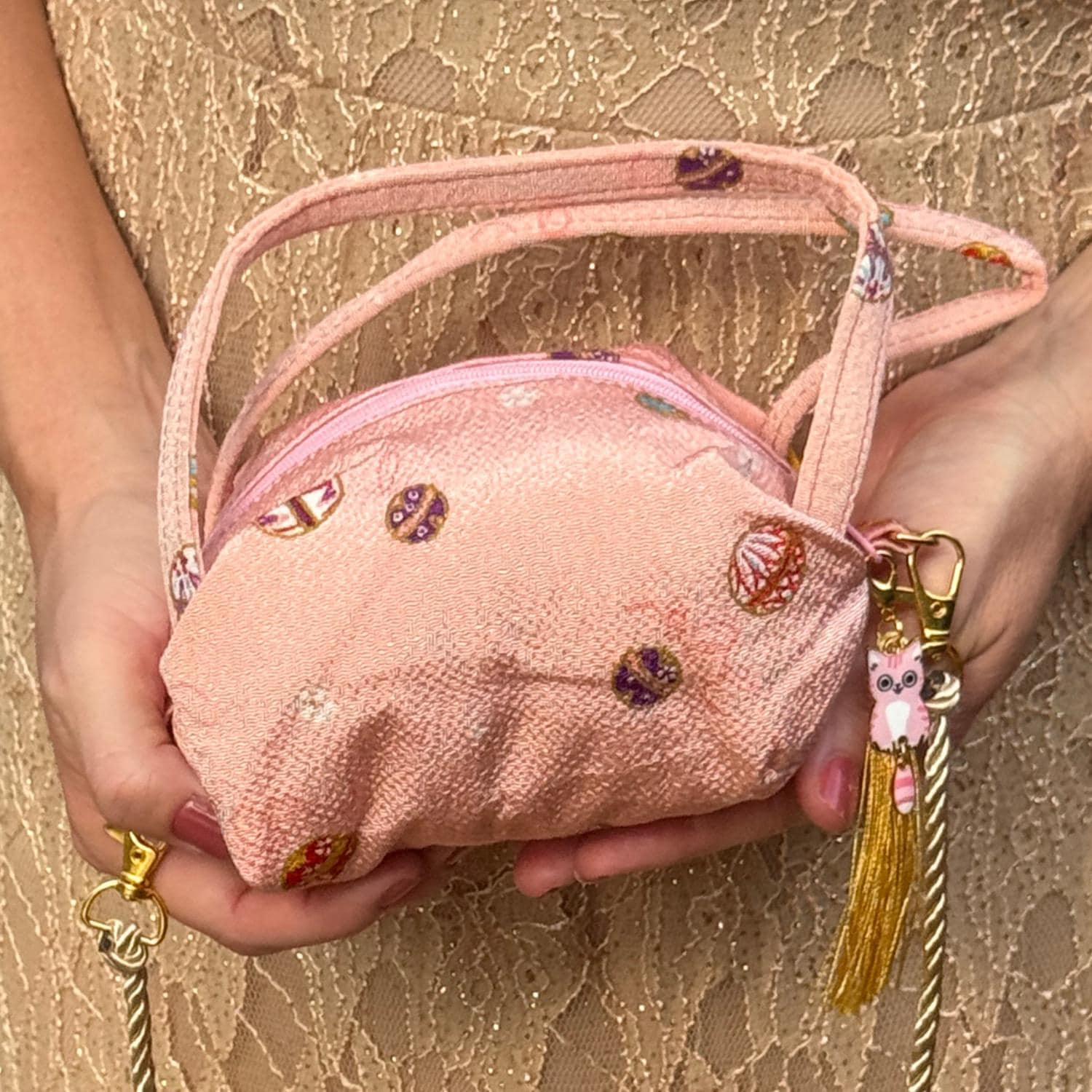 Japanese Makeup Bag Purse Pink Kimono Fabric Kyoto Chirimen Silk Temari Ball Pattern