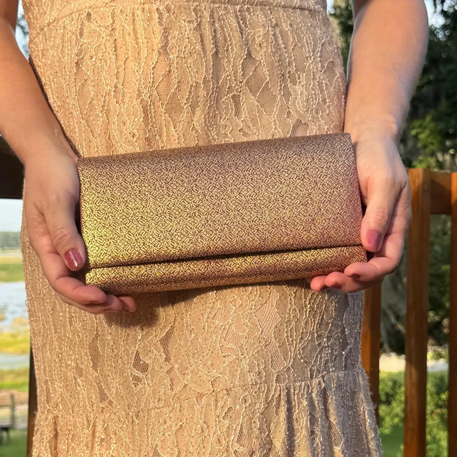 NOS Japanese Clutch Bag Purse Gold Nishijin-ori Silk Kimono Kyoto