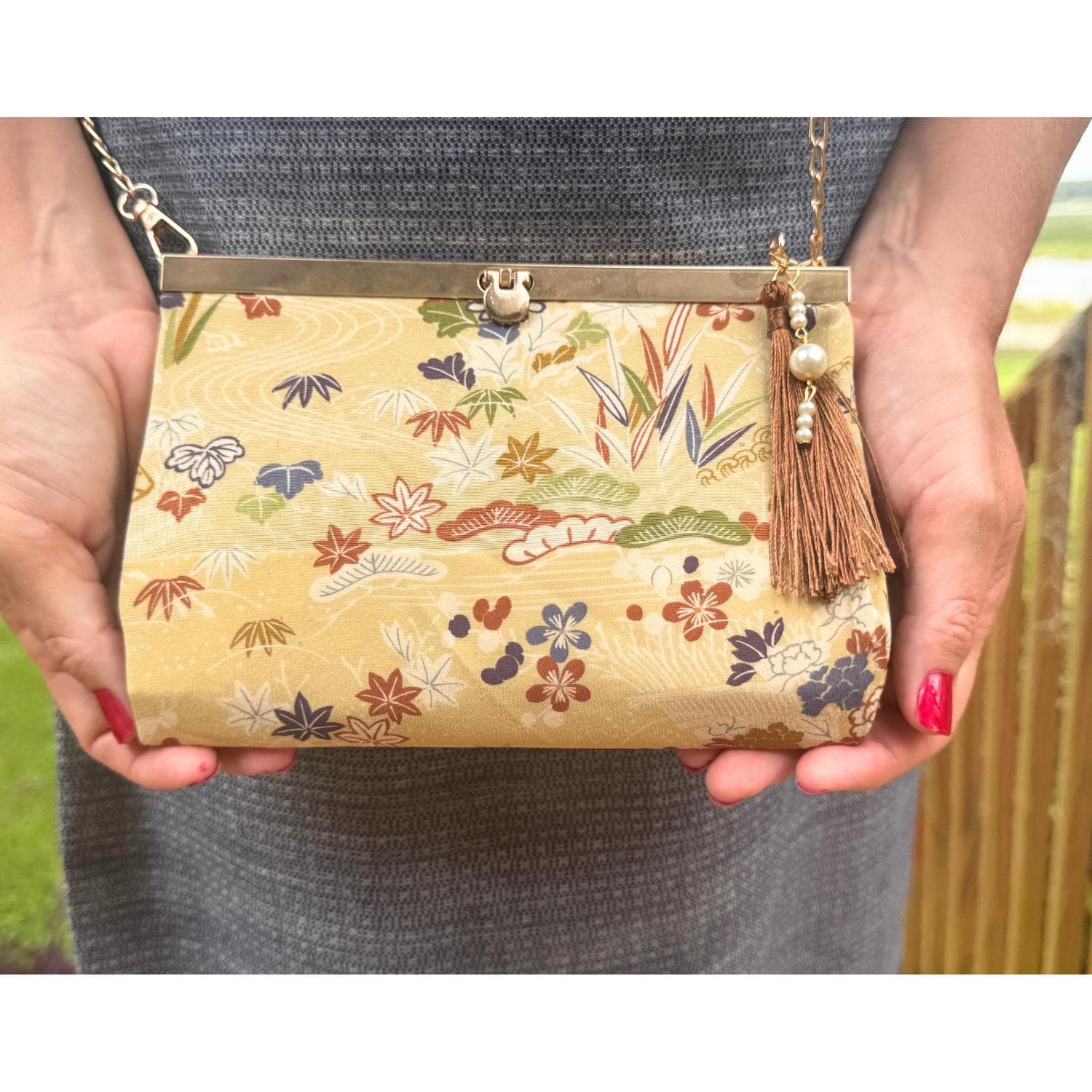 Kimono Silk Clutch, Japanese Upcycled Purse, Four Seasons Floral Evening Bag, Crossbody Chain