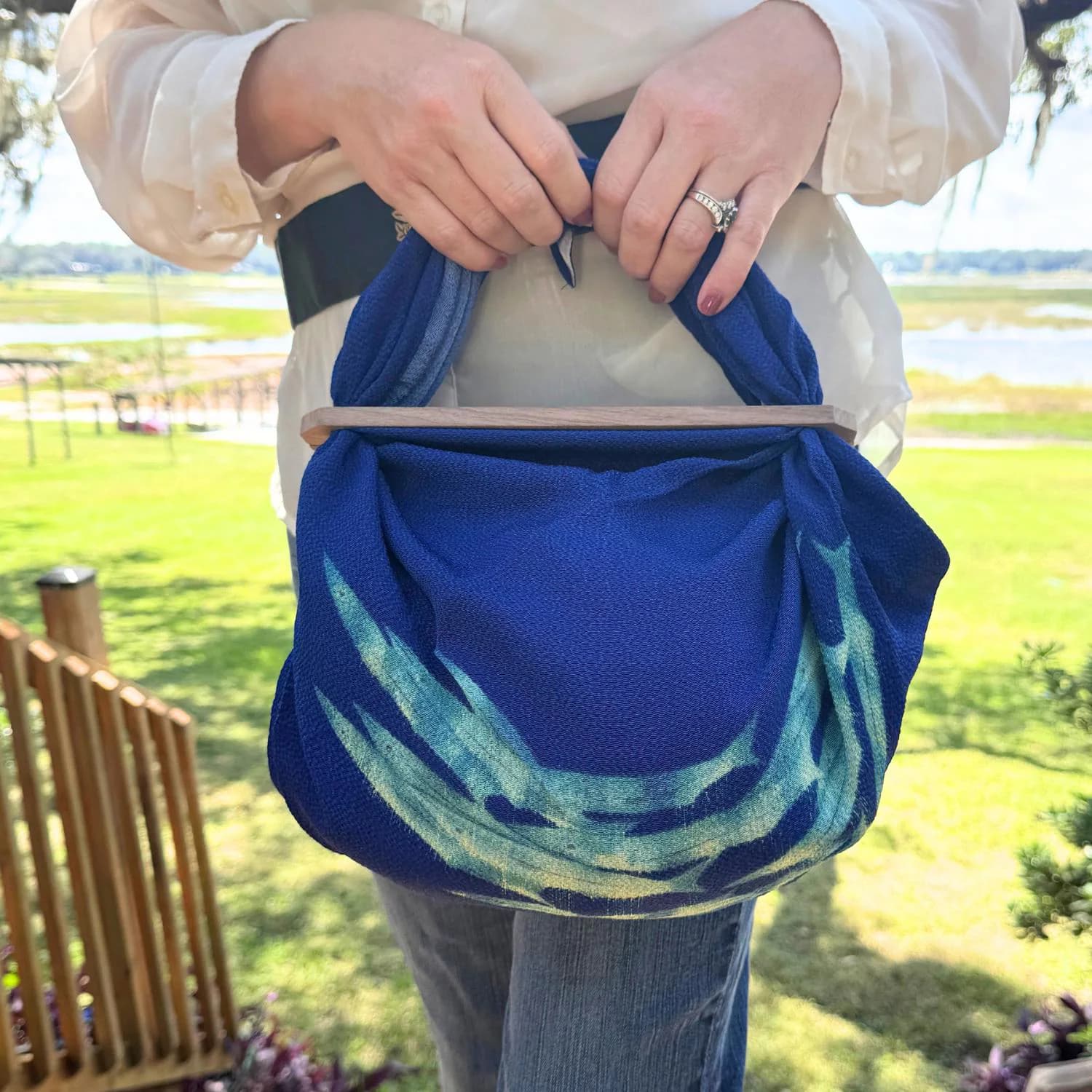 Handmade Walnut Handle Furoshiki Bag Set, Magnetic Patchin with Blue Fish Crepe Cloth, Japanese Eco Tote Purse
