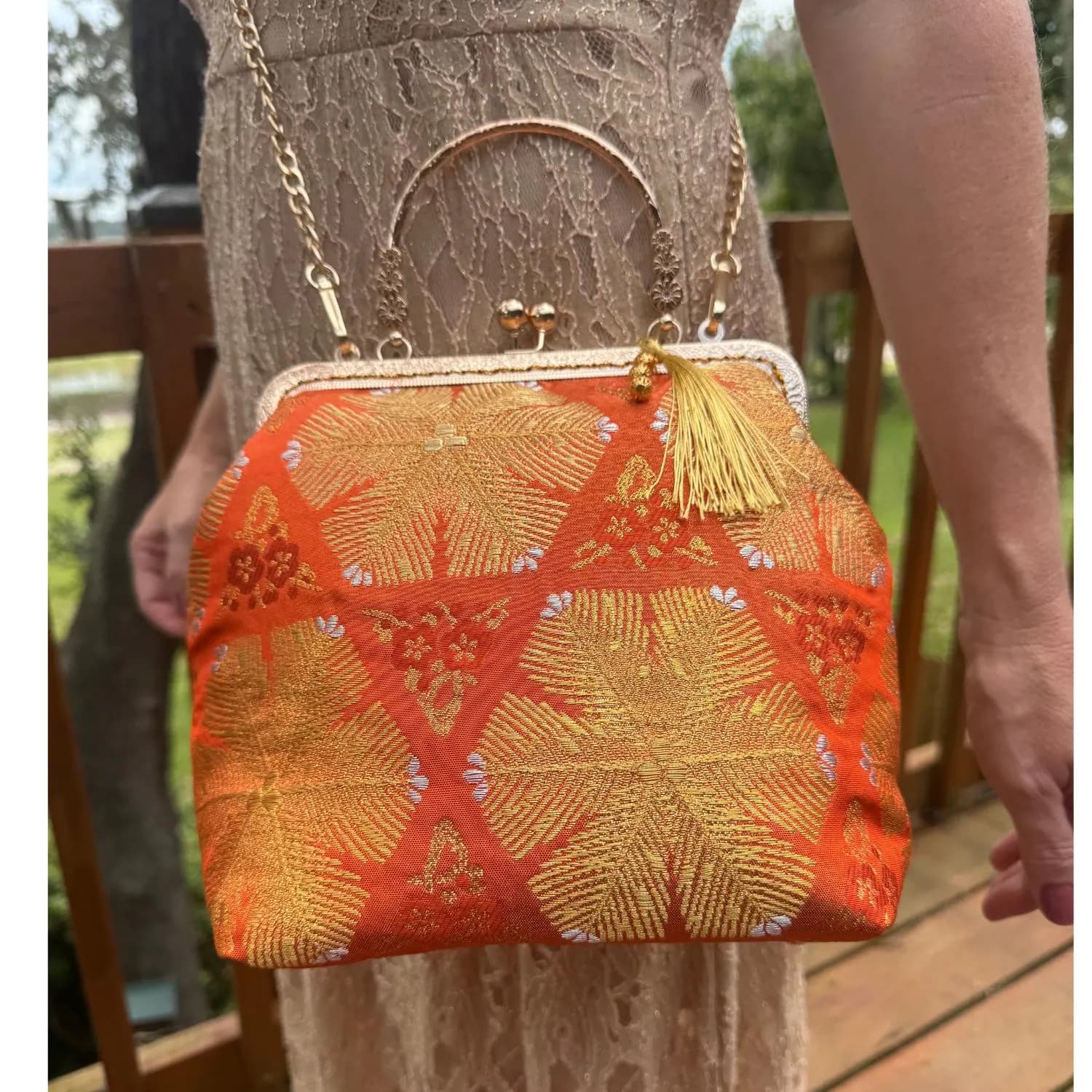 Nishijin Clutch Orange Obi Kiss Lock Bag Purse Gold Embroidery Clutch Japanese Silk OOAK 1/1