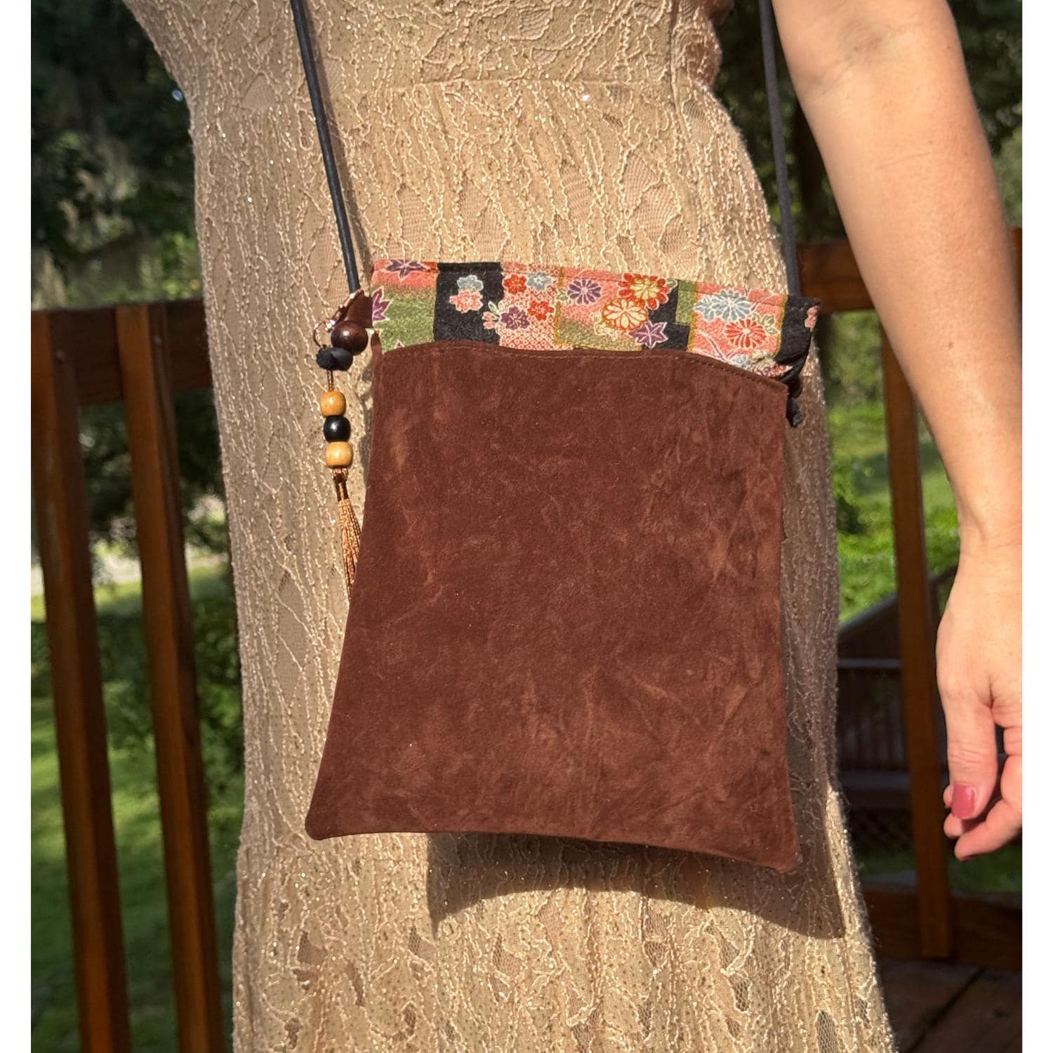 Japanese Tote Bag Purse Kimono Fabric Kyoto Brown Sueded