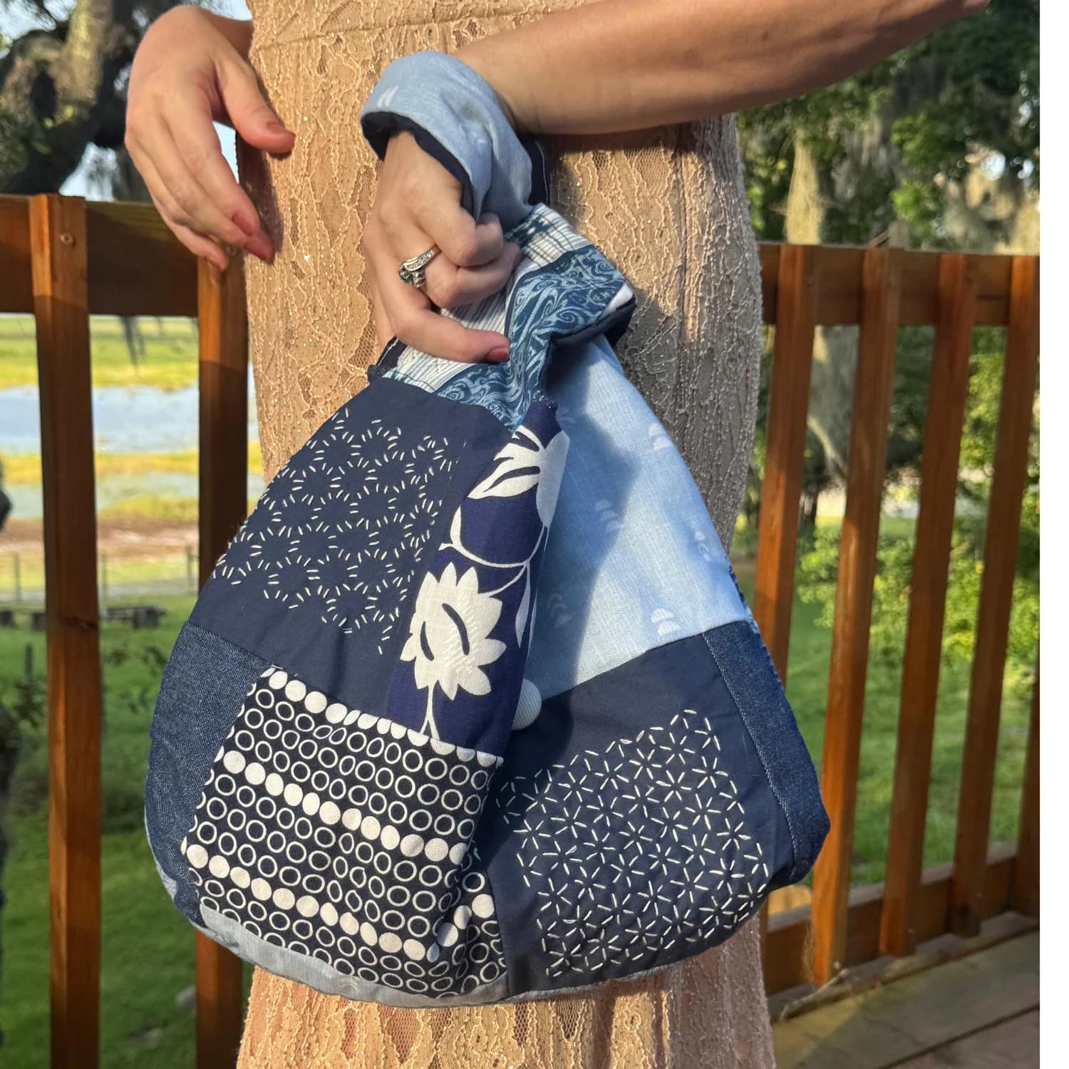 Patchwork Japanese Knot Bag with Hand-Embroidered Sashiko Accents