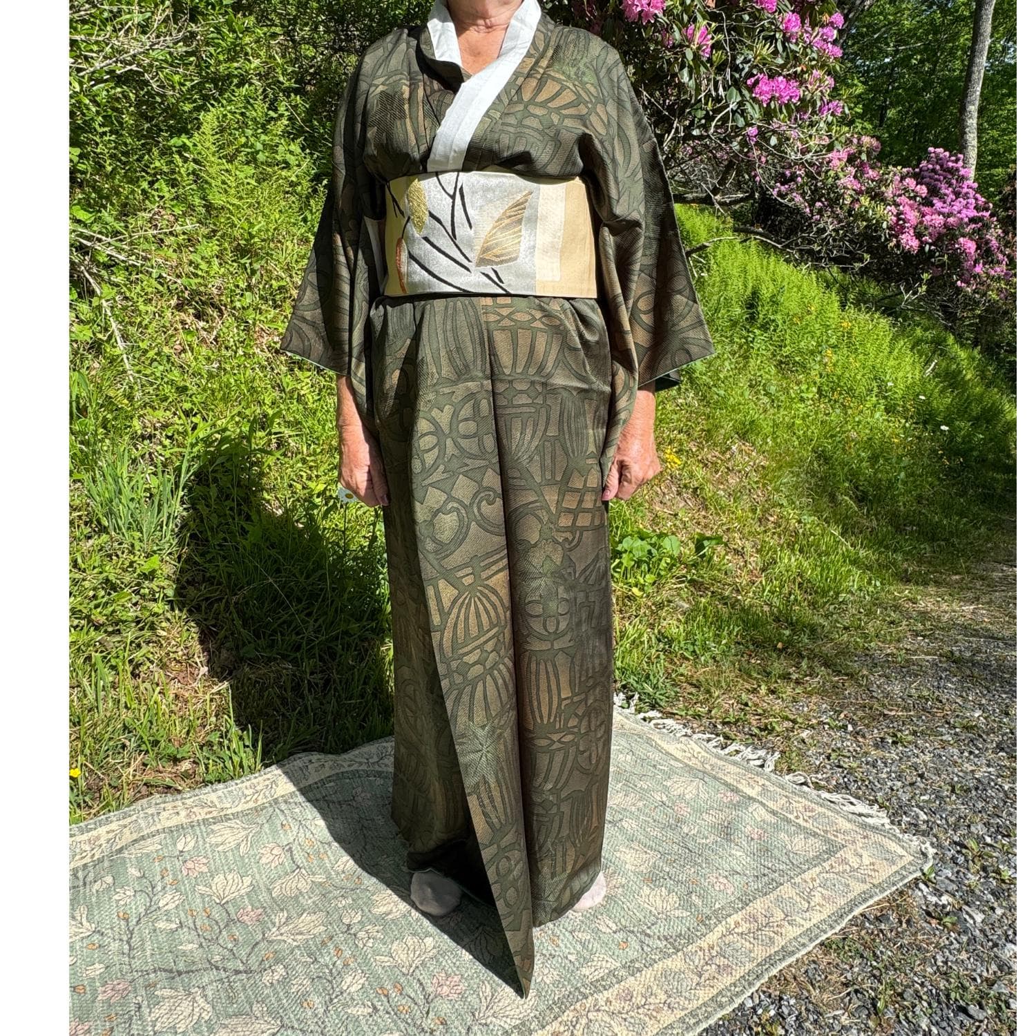 Rinzu Silk Women's Kimono from Japan Green Pattern