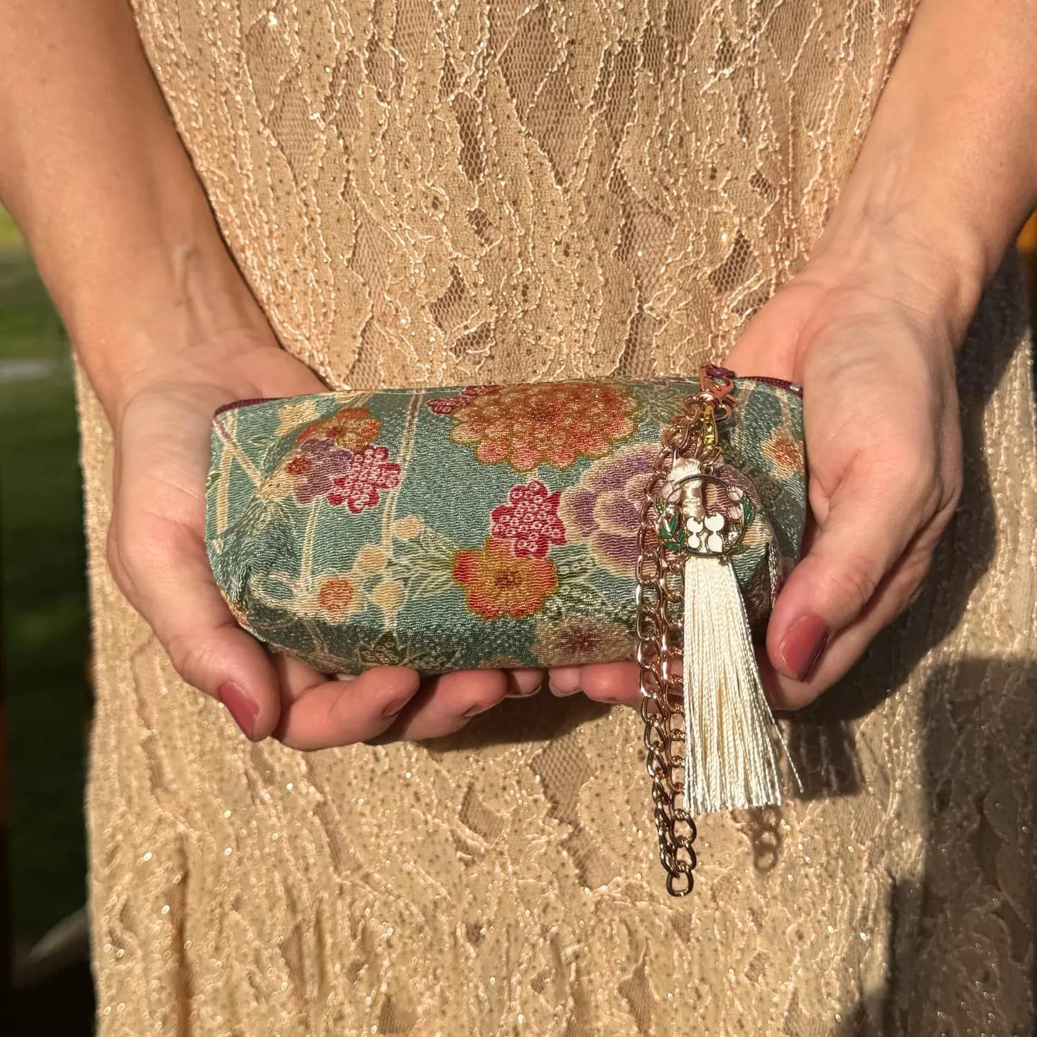Japanese Makeup Bag Pouch Kimono Teal Floral Fabric Kyoto Zipper
