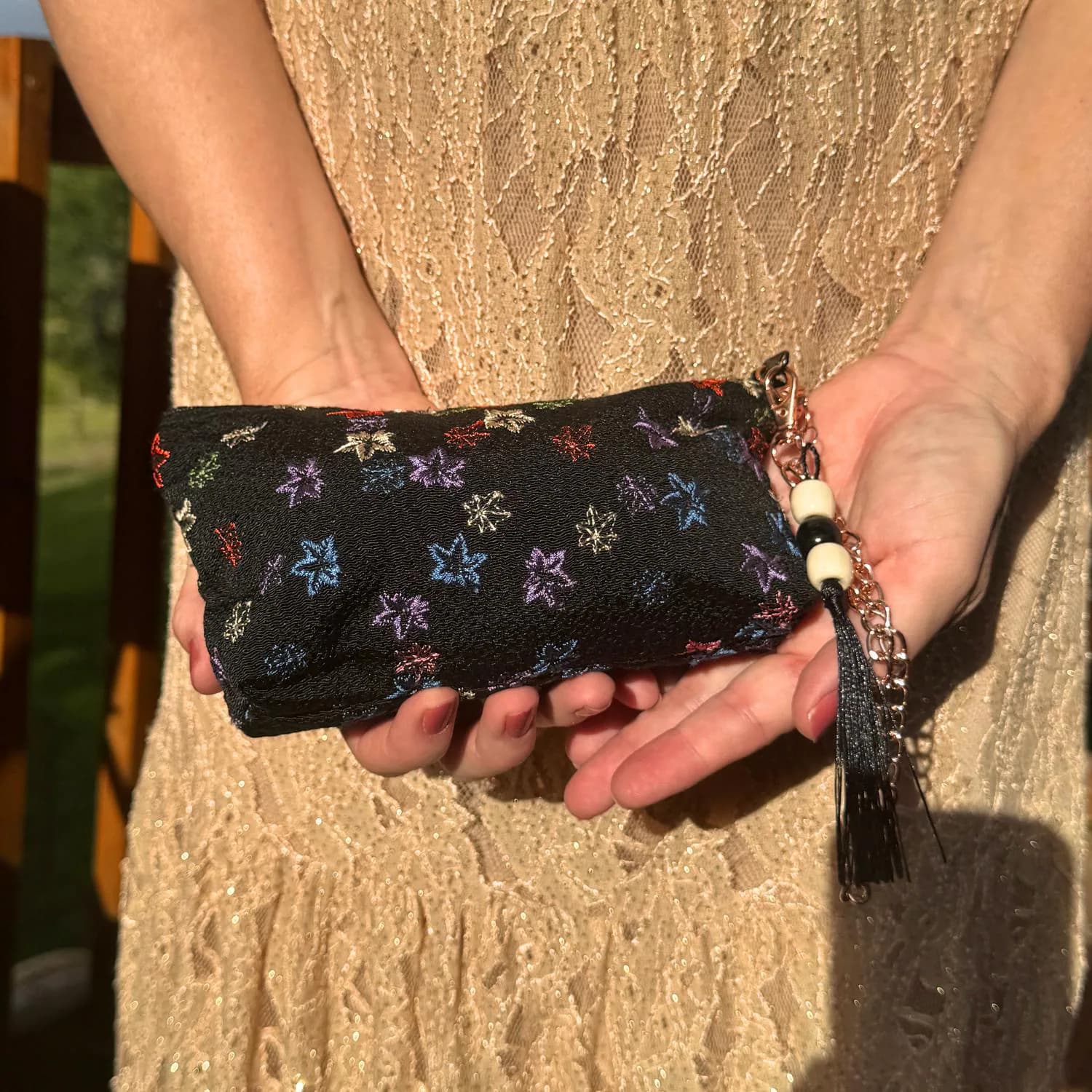 Japanese Makeup Bag Pouch Kimono Black Embroidered Fabric Kyoto Zipper