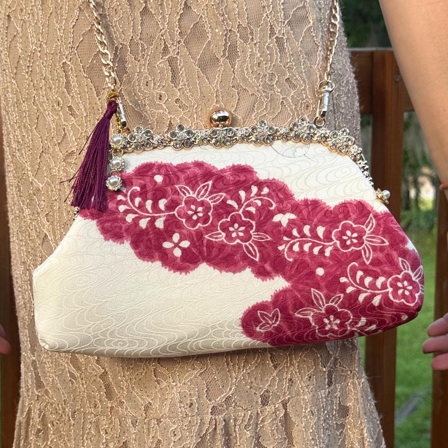 Benizakura Silk Kimono Clutch, Rhinestone Jeweled Frame Purse, Hand Beaded Evening Bag, Silk Lined