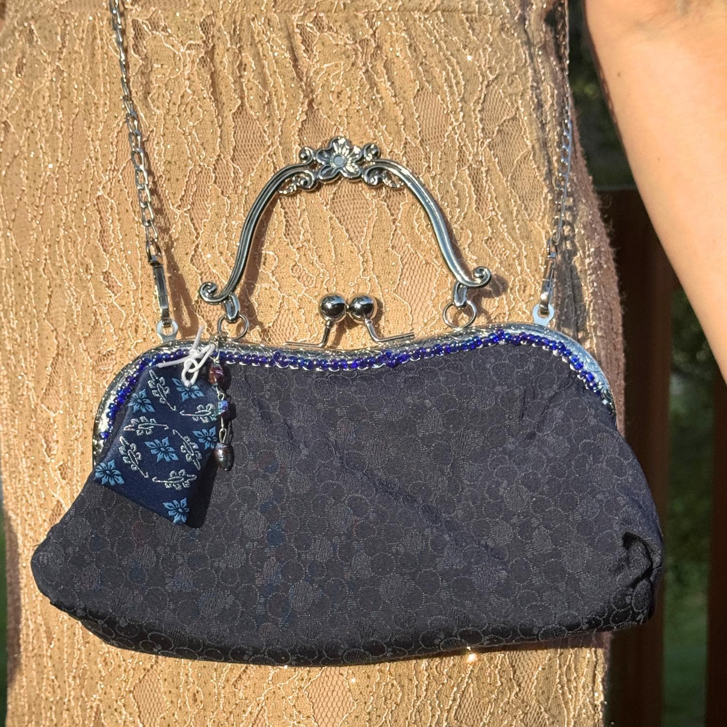 Navy Blue Silk Kimono Bag with Hand-Sewn Beads, Vintage Upcycled Japanese Purse, Kanzashi Flower Kiss Lock Clutch, Evening Bag