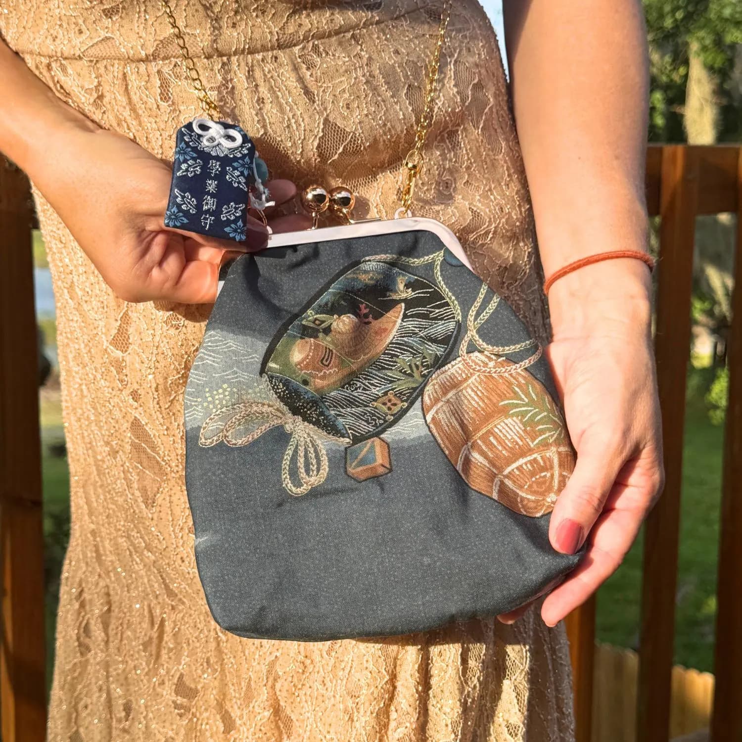 Japanese Kiss Lock Phone Purse, Upcycled Kimono Yukata, Lined Clasp Bag