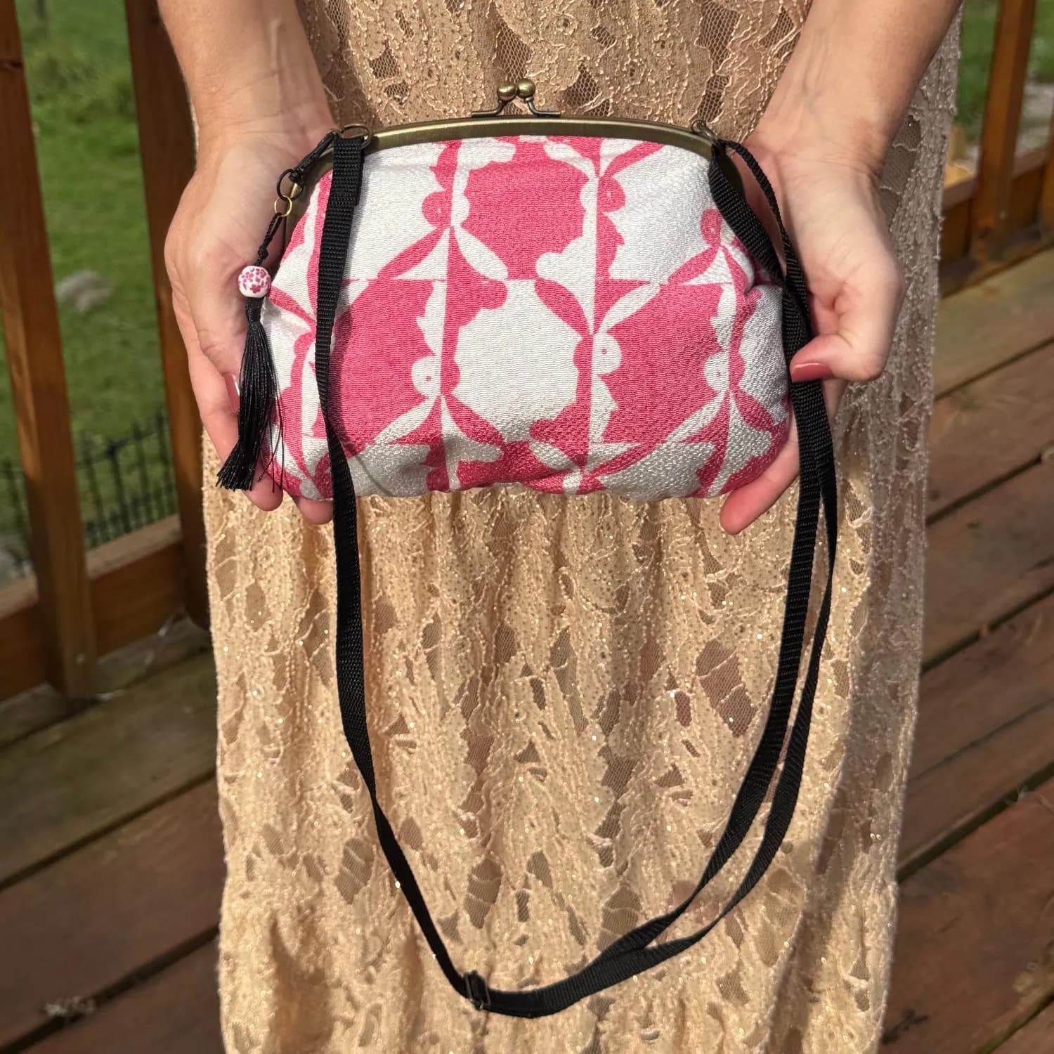Japanese Kiss Lock Bag Purse Pink Rabbit Kimono Chirimen Silk Kyoto