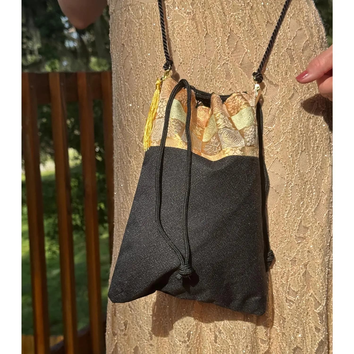 Japanese Tote Bag Purse Kinchaku Chirimen Silk Black Gold Kimono Fabric Kyoto