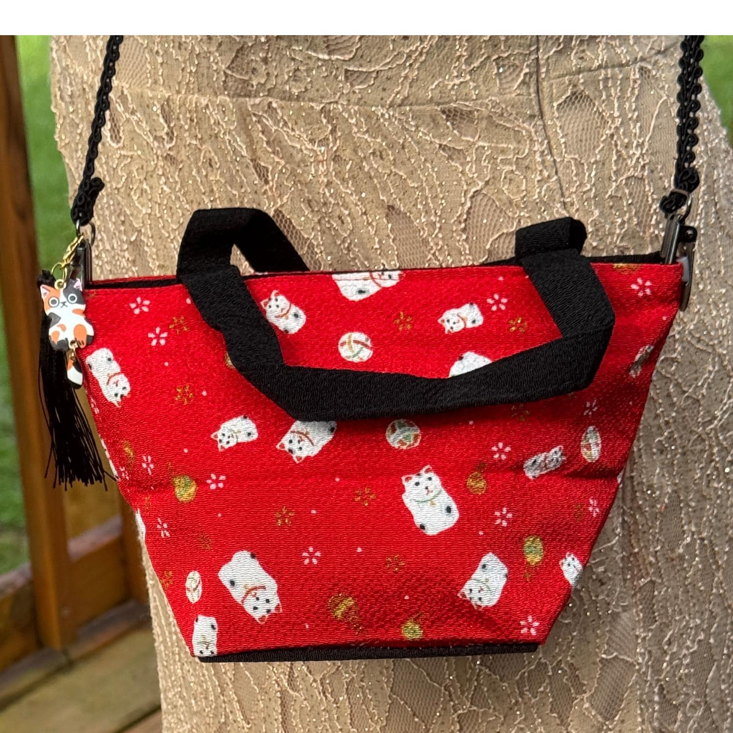 Japanese Tote Bag Purse Lucky Cat Red Kimono Fabric Kyoto