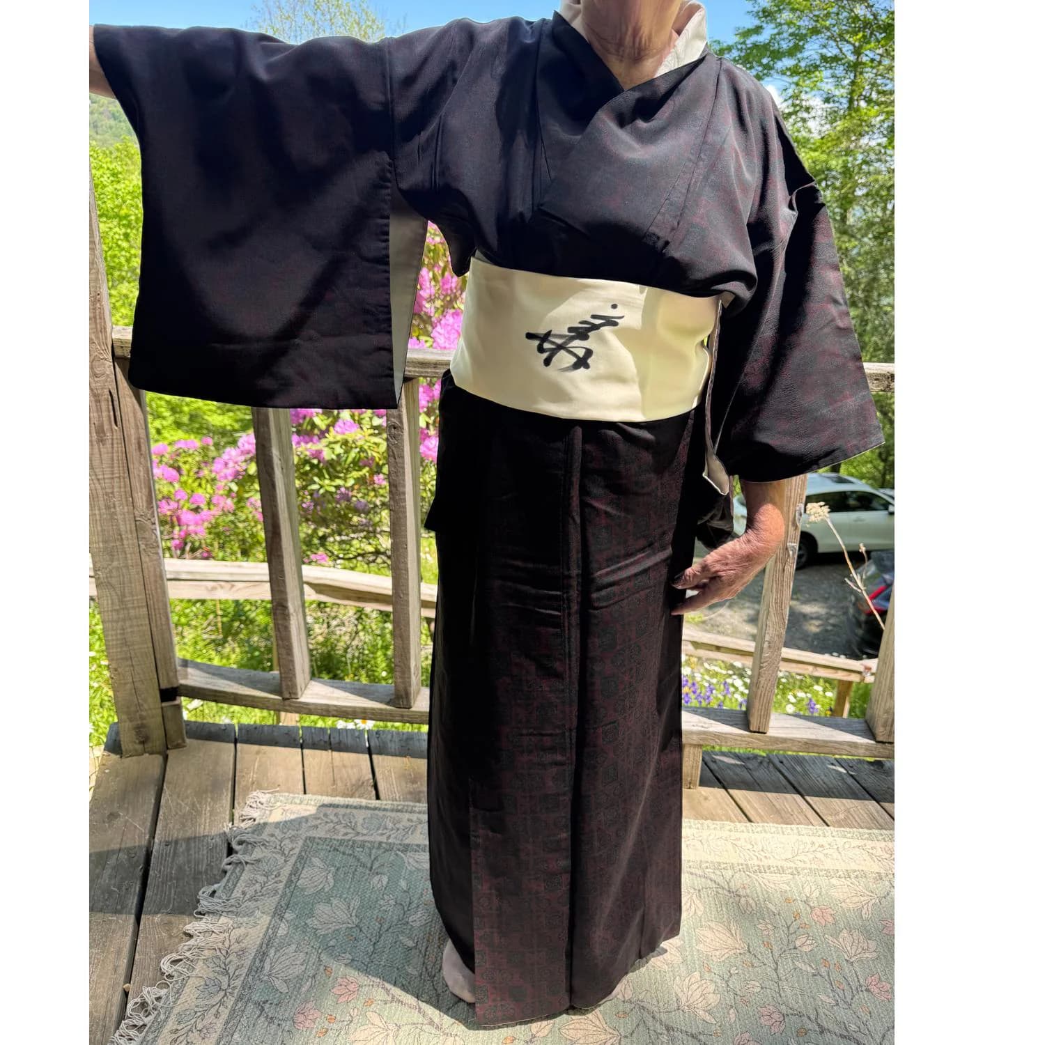 Burgundy Geometric Chirimen Silk Women's Kimono from Japan