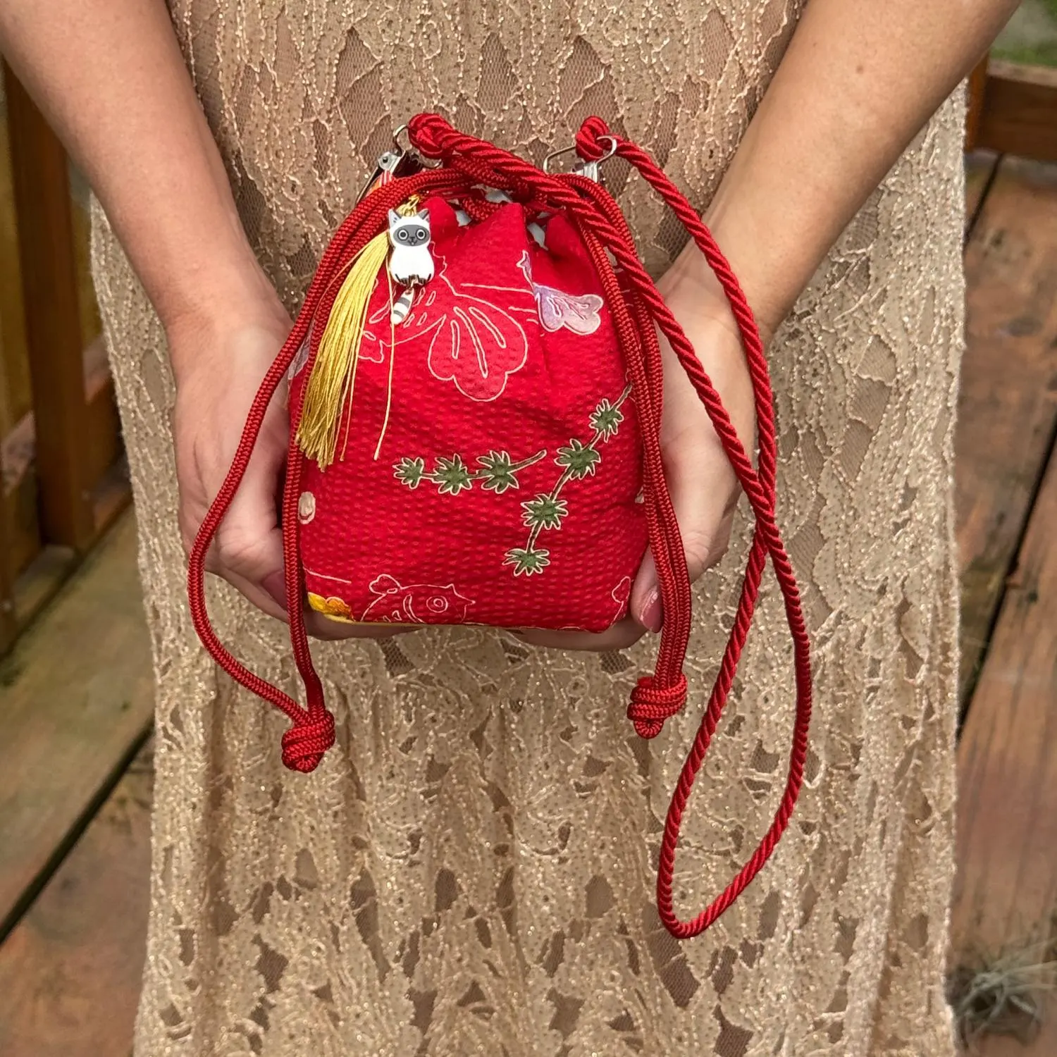 Japanese Kinchaku Purse Kimono Fish Fabric Kyoto Drawstring