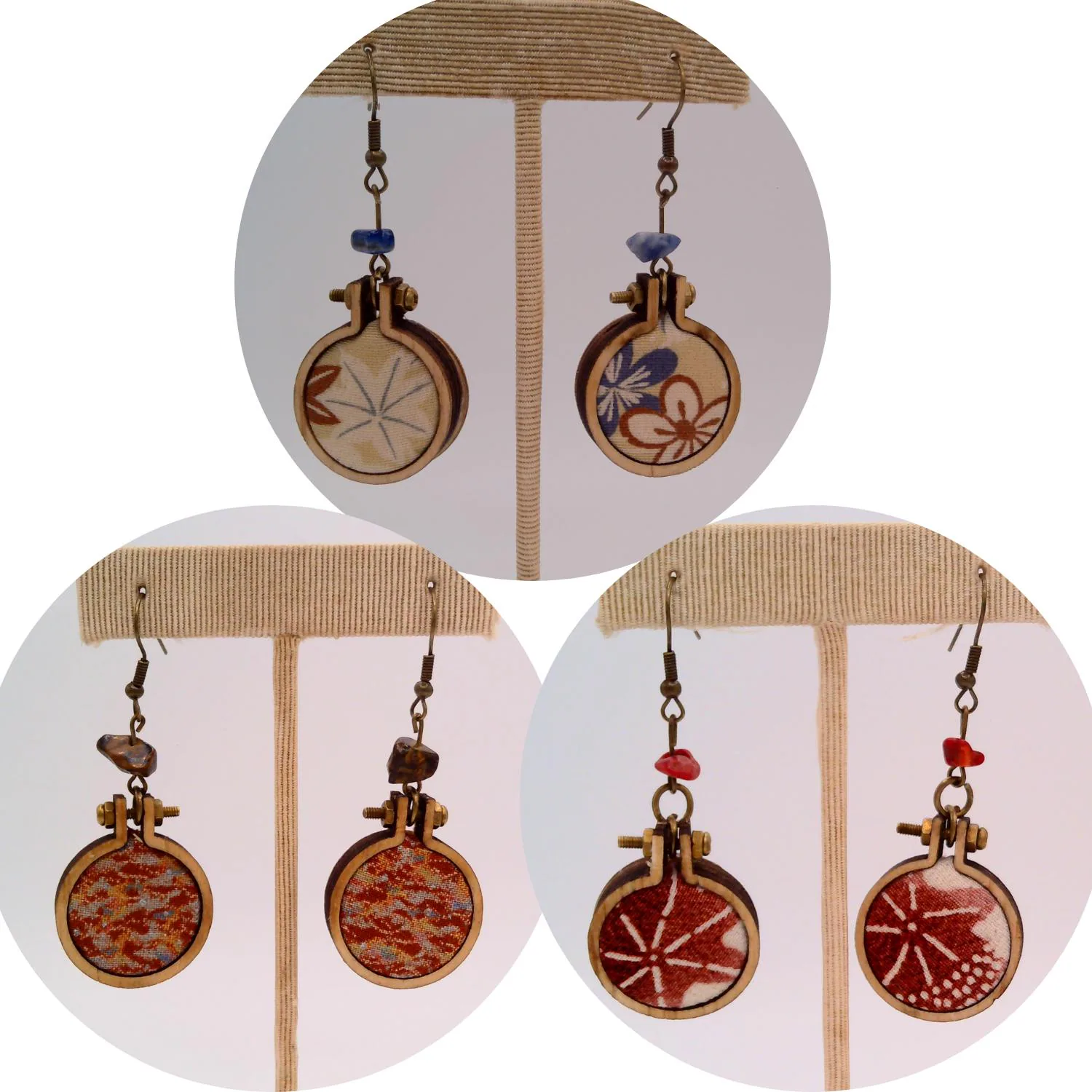Japanese Kimono Silk Earrings with Wood and Stone: Set of 3