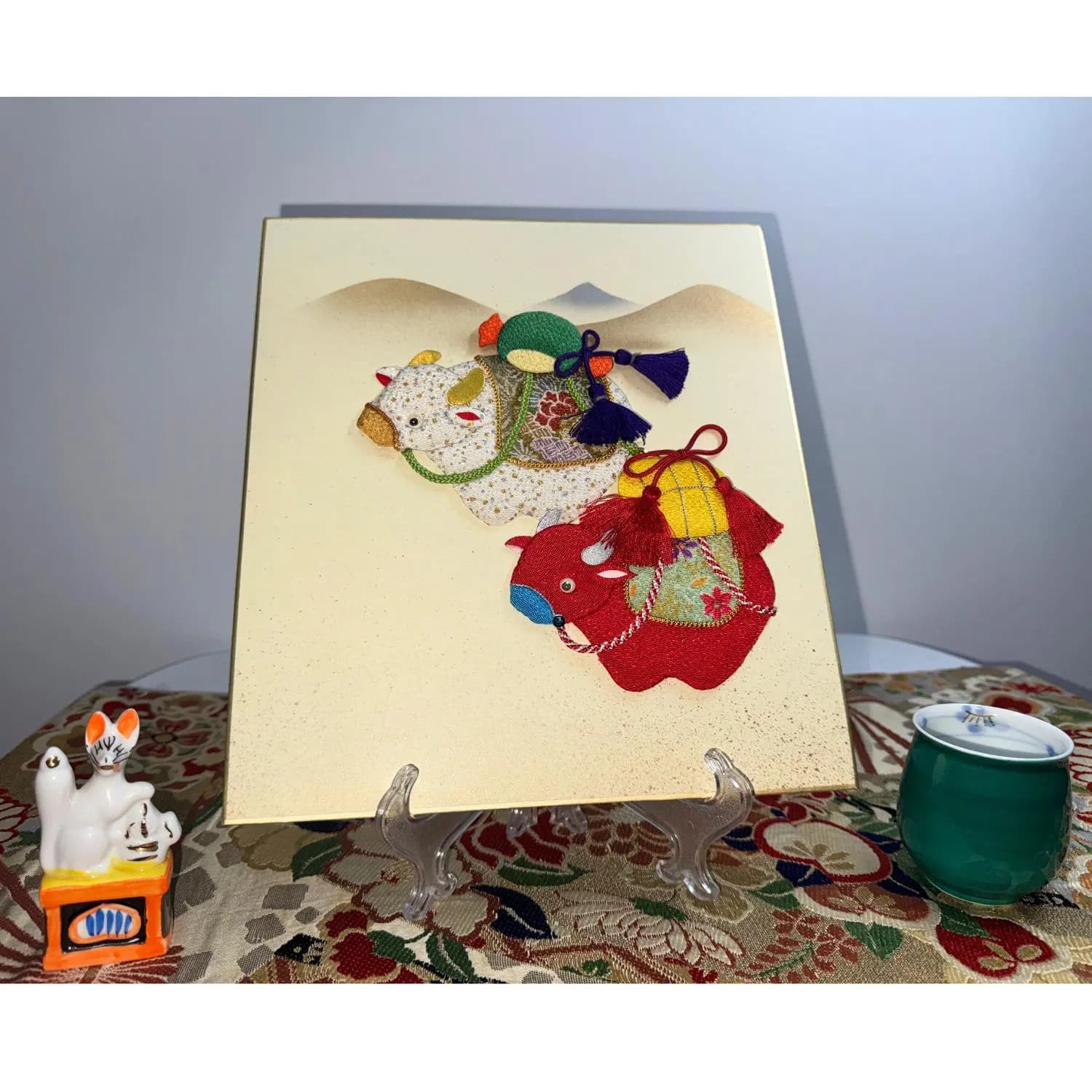 Japanese Oshie Bull Cow Handmade Applique Art