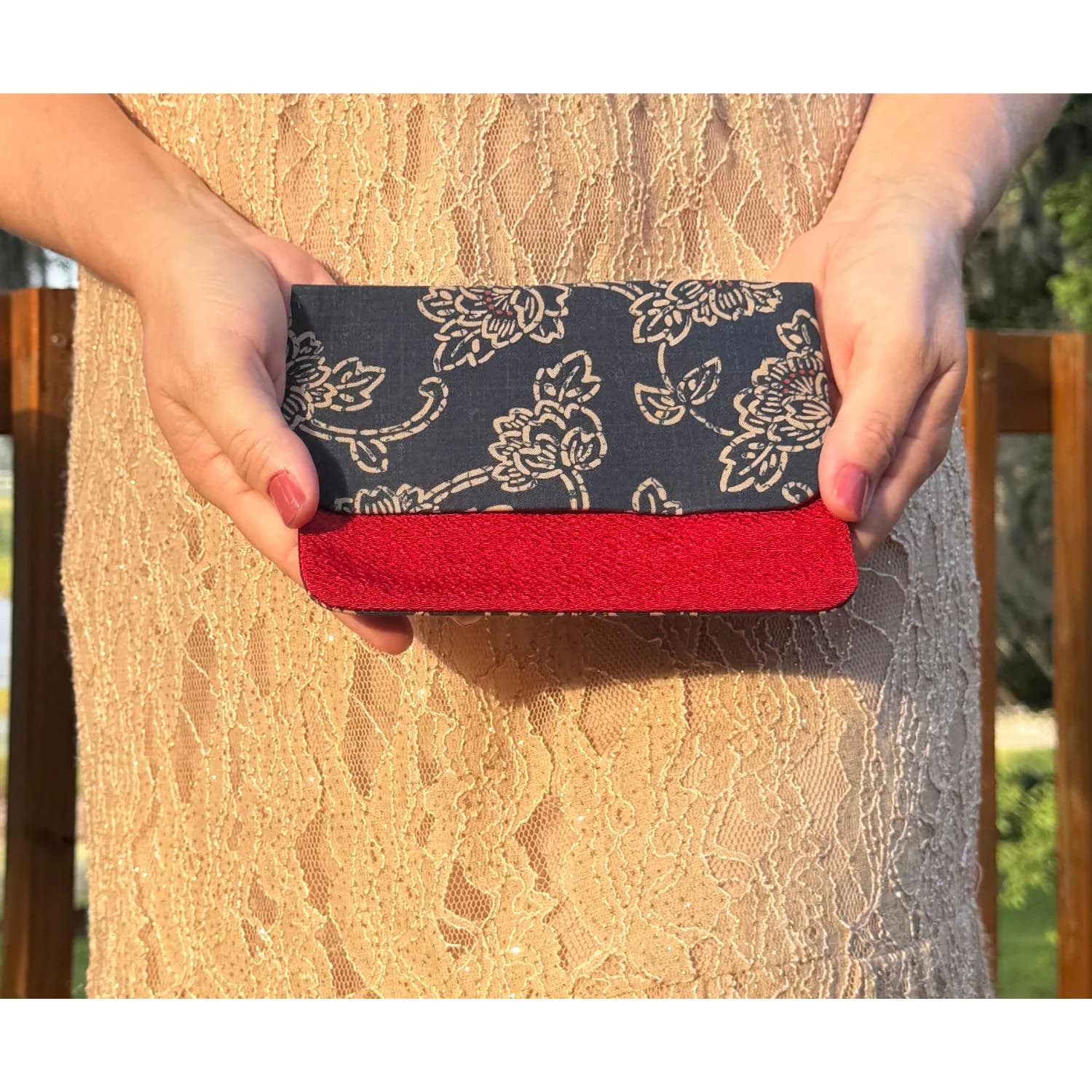 Japanese Indigo Floral Cotton & Red Chirimen Silk Envelope Wallet Pouch, Vintage Kyoto Fabric