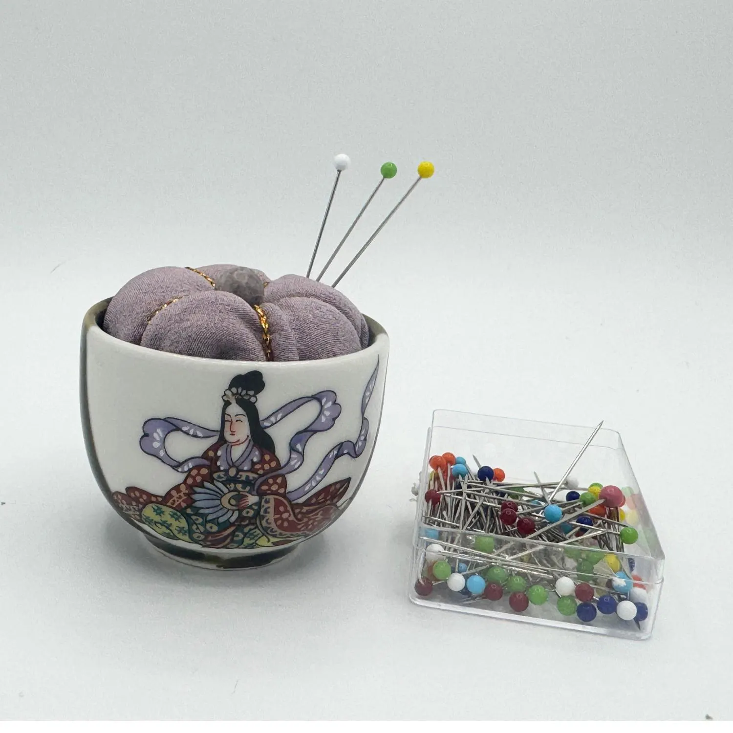 Vintage Kutani Sake Cup Pin Cushion: Chirimen Silk, Natural Stone Bead, Japanese Ochoko