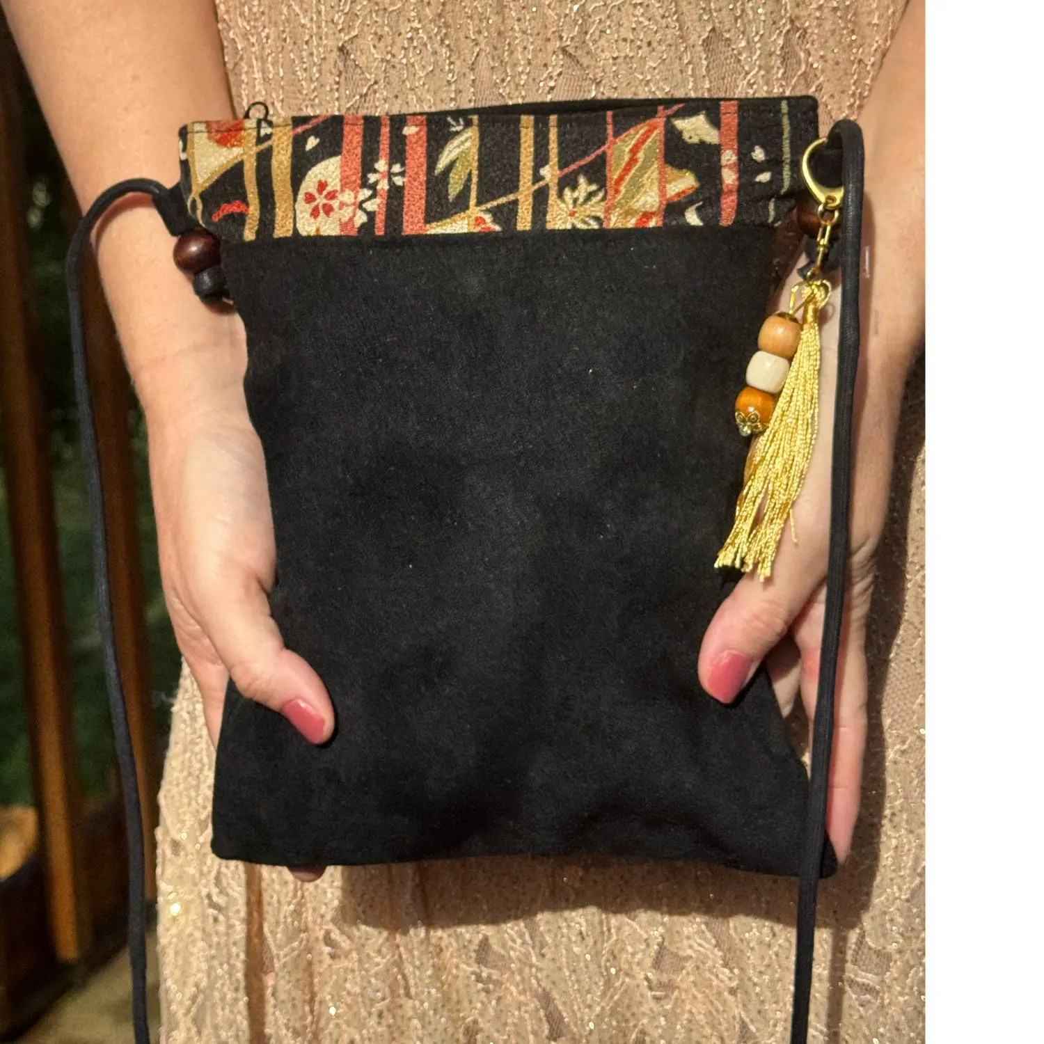 Japanese Tote Bag Purse Kimono Black Fabric Kyoto Sueded Chirimen Silk