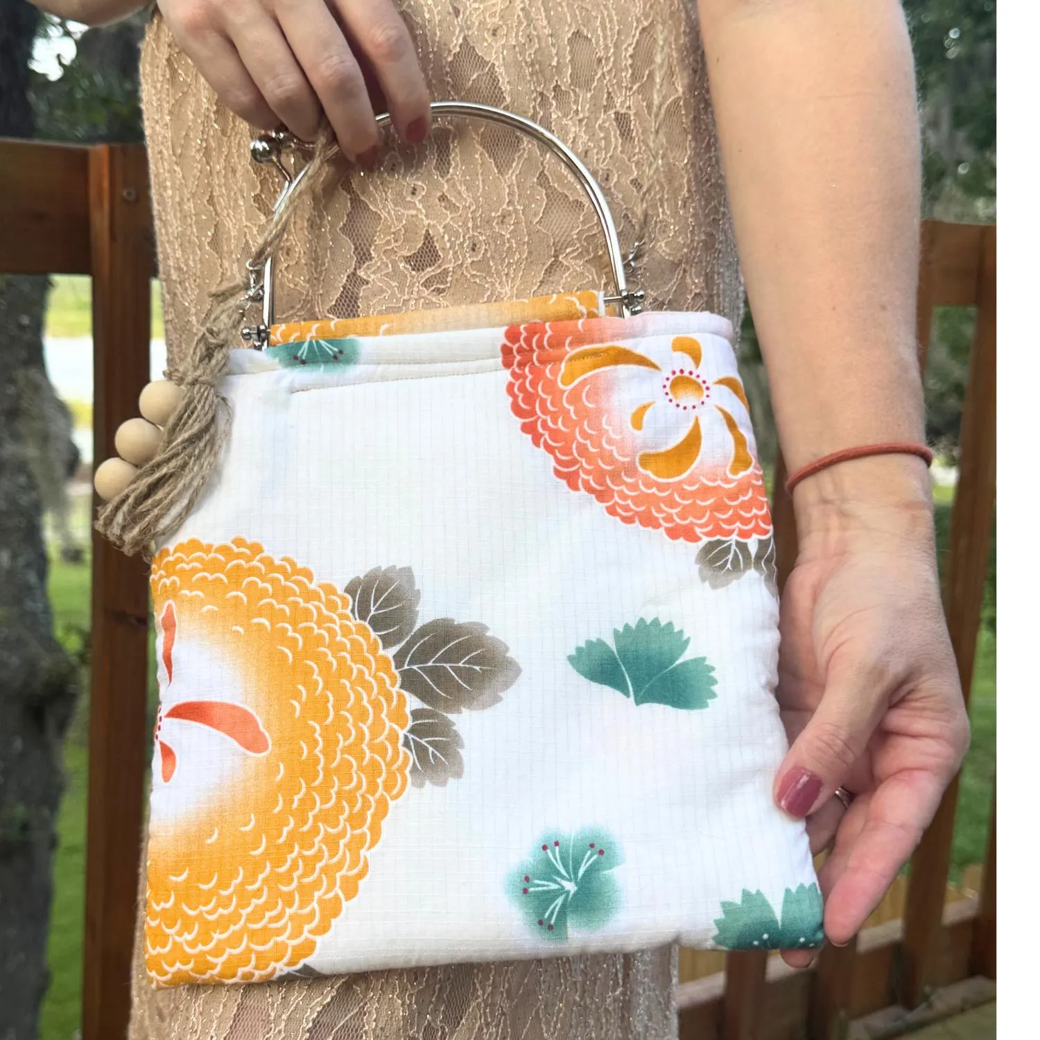 Japanese Purse with Kiss-Lock Arch Handle, Orange Chrysanthemum Yukata Fabric