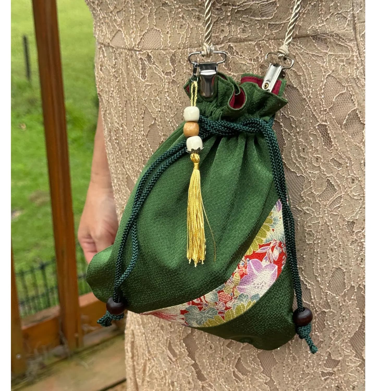 Japanese Kinchaku Purse Green Kimono Fabric Kyoto Drawstring