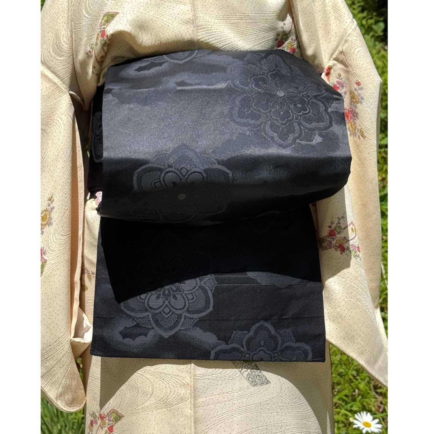 Black Japanese Nagoya Obi Silk Tonal Hanabishi