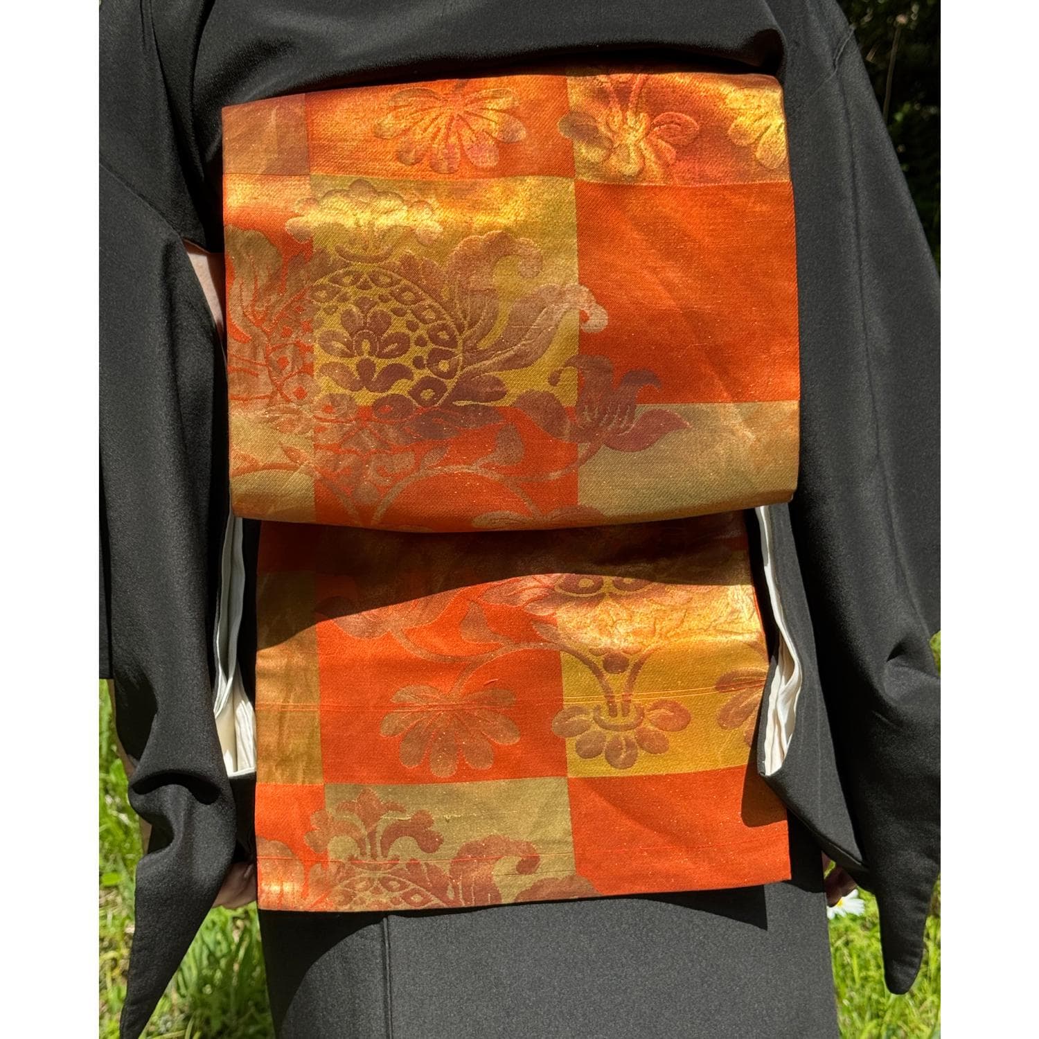 Gold Orange Ichimatsu Japanese Nagoya Obi Silk Formal Wedding