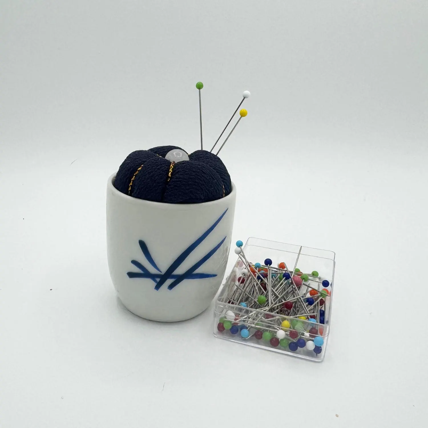 Vintage Kyoto Sake Cup Pincushion, Fushimi Ceramic Pin Cushion, Navy Blue Japanese Kimono Silk