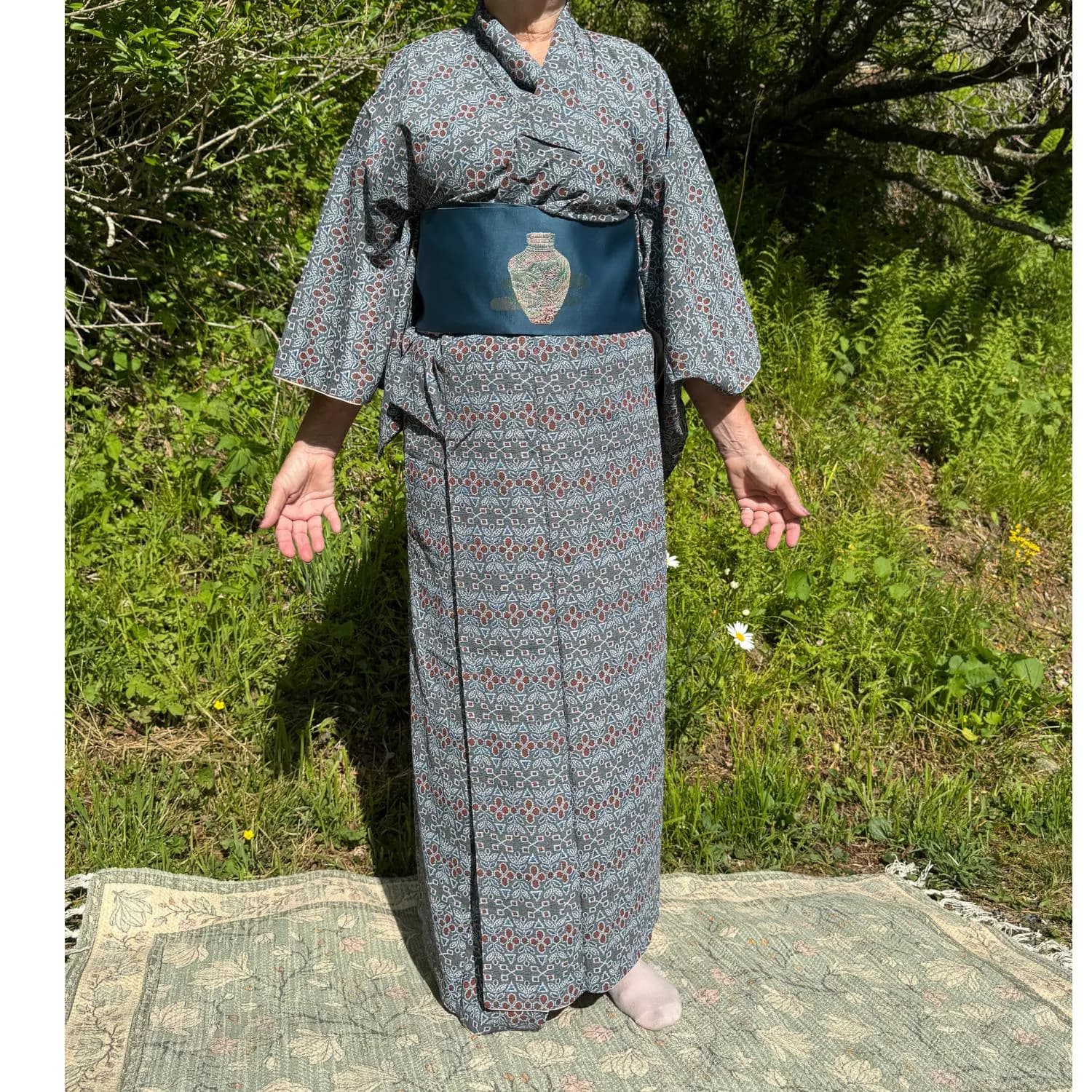 Crepe Silk Women's Kimono from Japan Blue Pattern