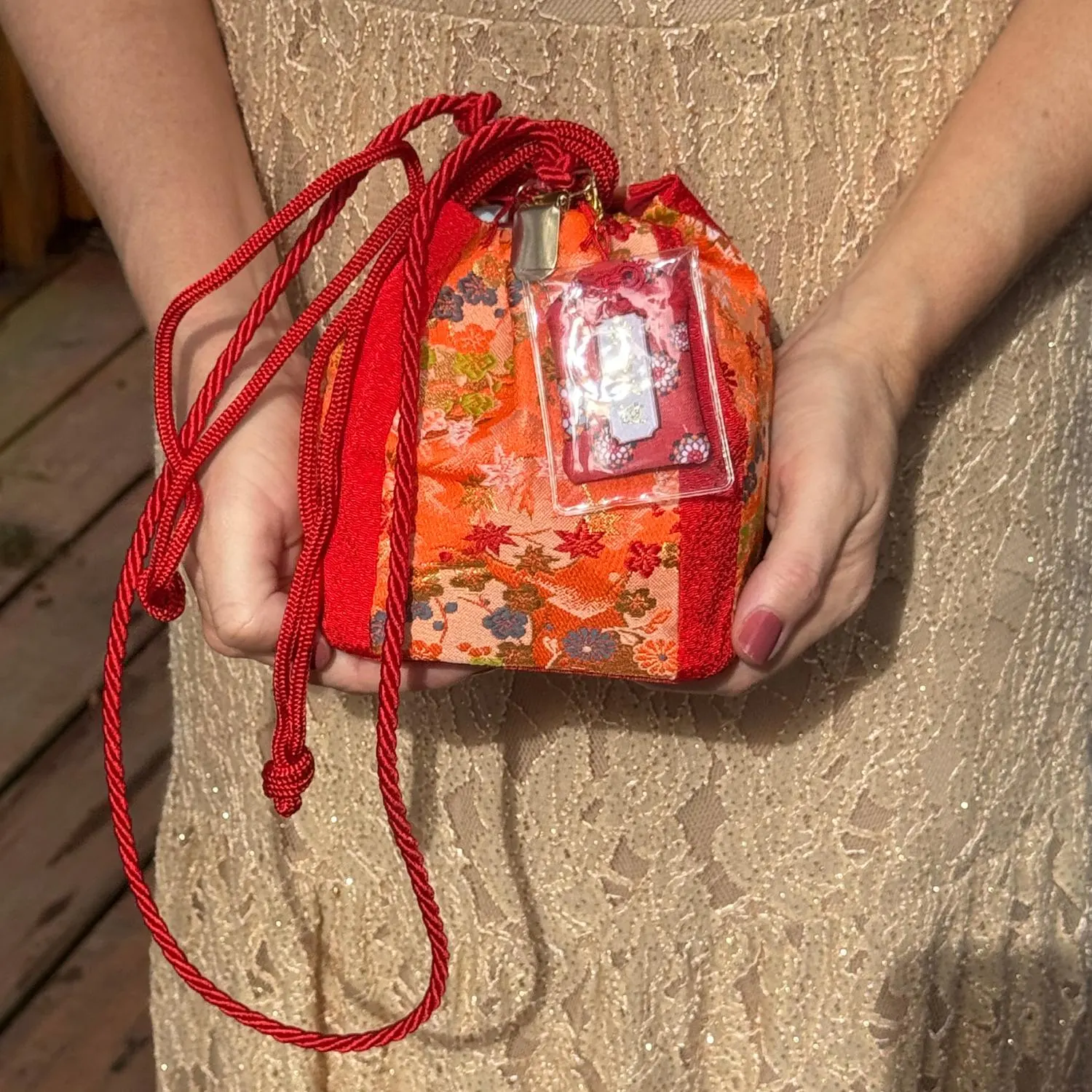 Japanese Kinchaku Purse Kimono Orange Obi Fabric Kyoto Drawstring