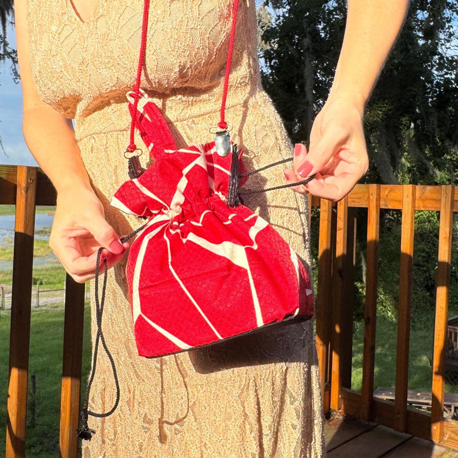 Japanese Tote Bag Purse Red Kimono Fabric Kyoto