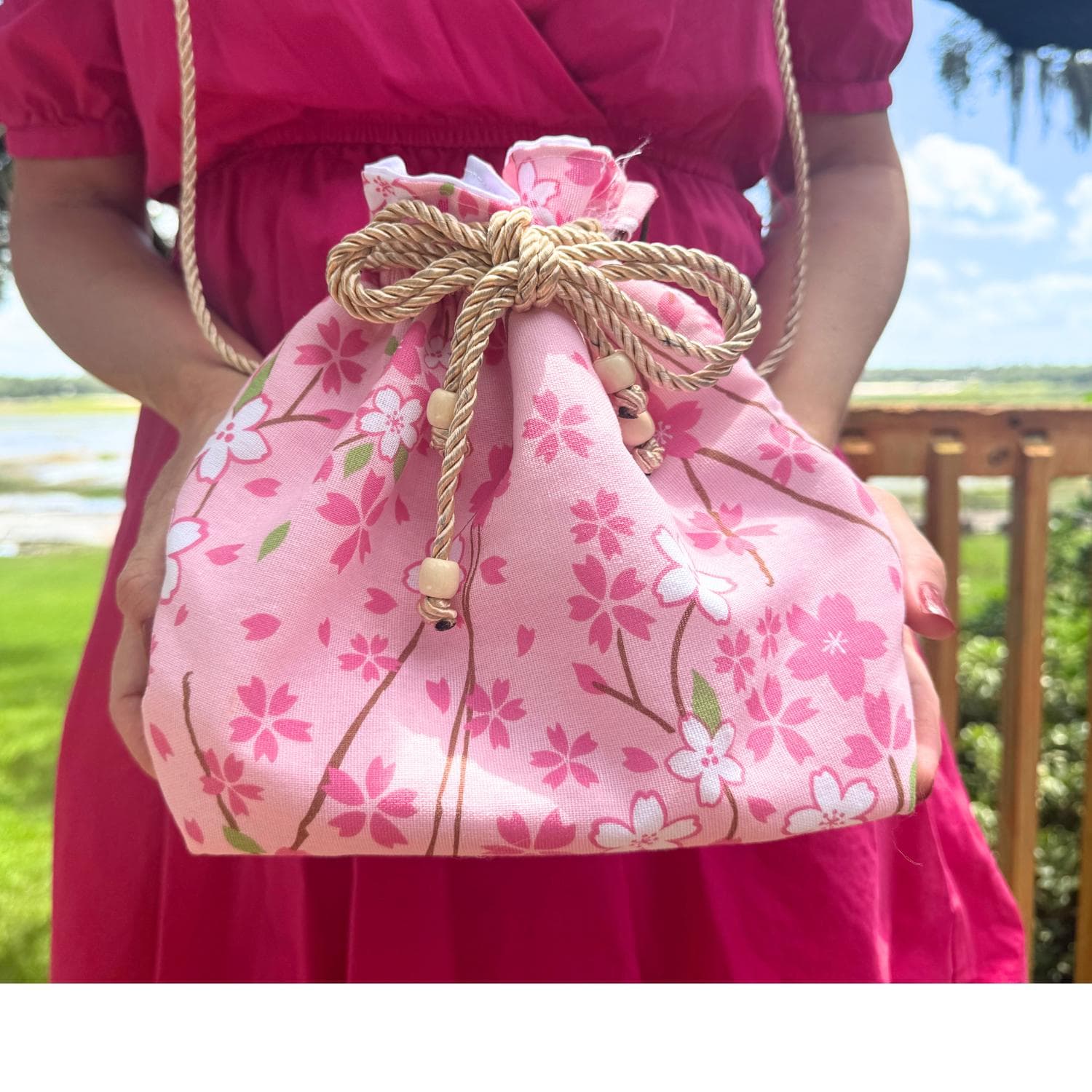 Pink Sakura Kinchaku Bag Japanese Tenugui Drawstring Crossbody Purse Bucket Bag