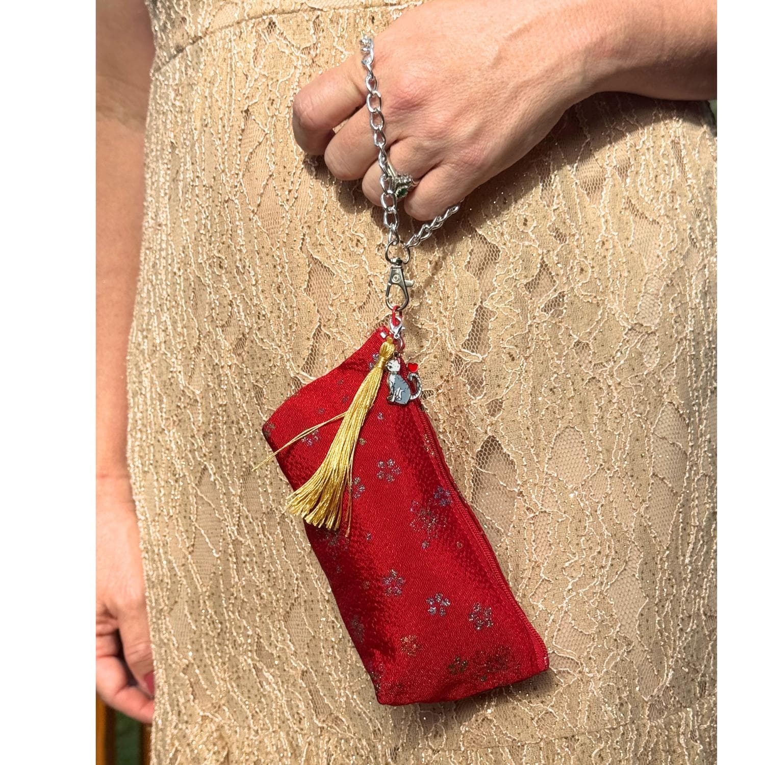 Japanese Makeup Bag Pouch Red Gold Sakura Kimono Fabric Kyoto Zipper