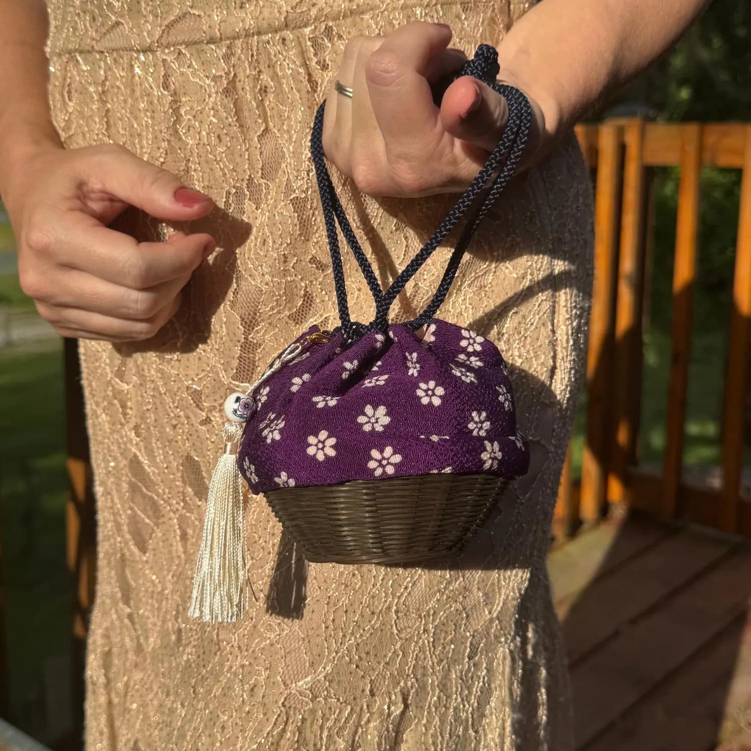 Japanese Kinchaku Purse Kimono Purple Basket Fabric Kyoto Drawstring