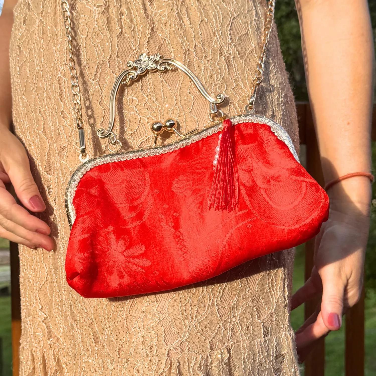 Akane Red Kimono Silk Clutch, Hand Beaded Gold Frame Evening Bag, Upcycled Nagajuban Purse