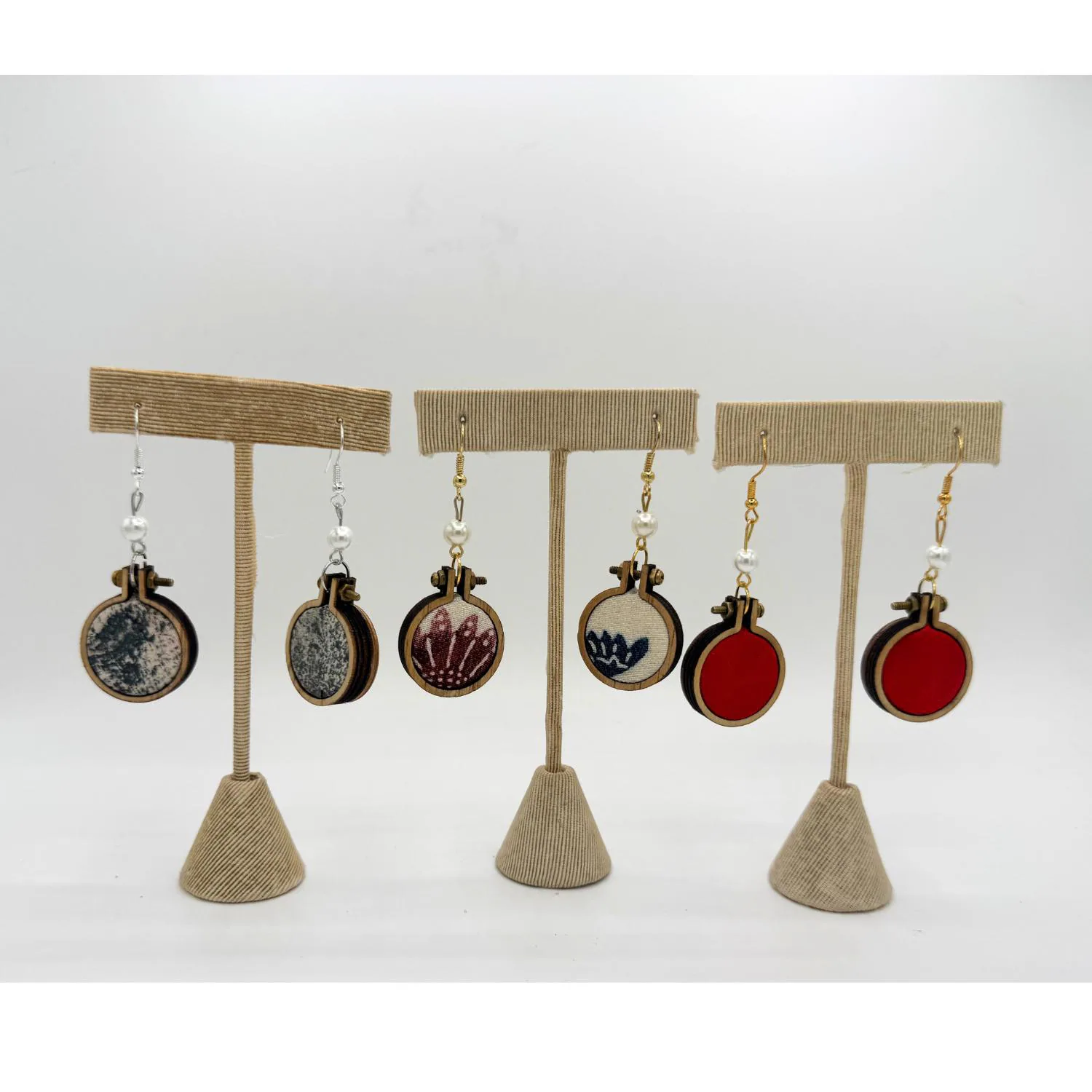 Japanese Kimono Silk Earrings with Wood and Glass Pearl: Set of 3