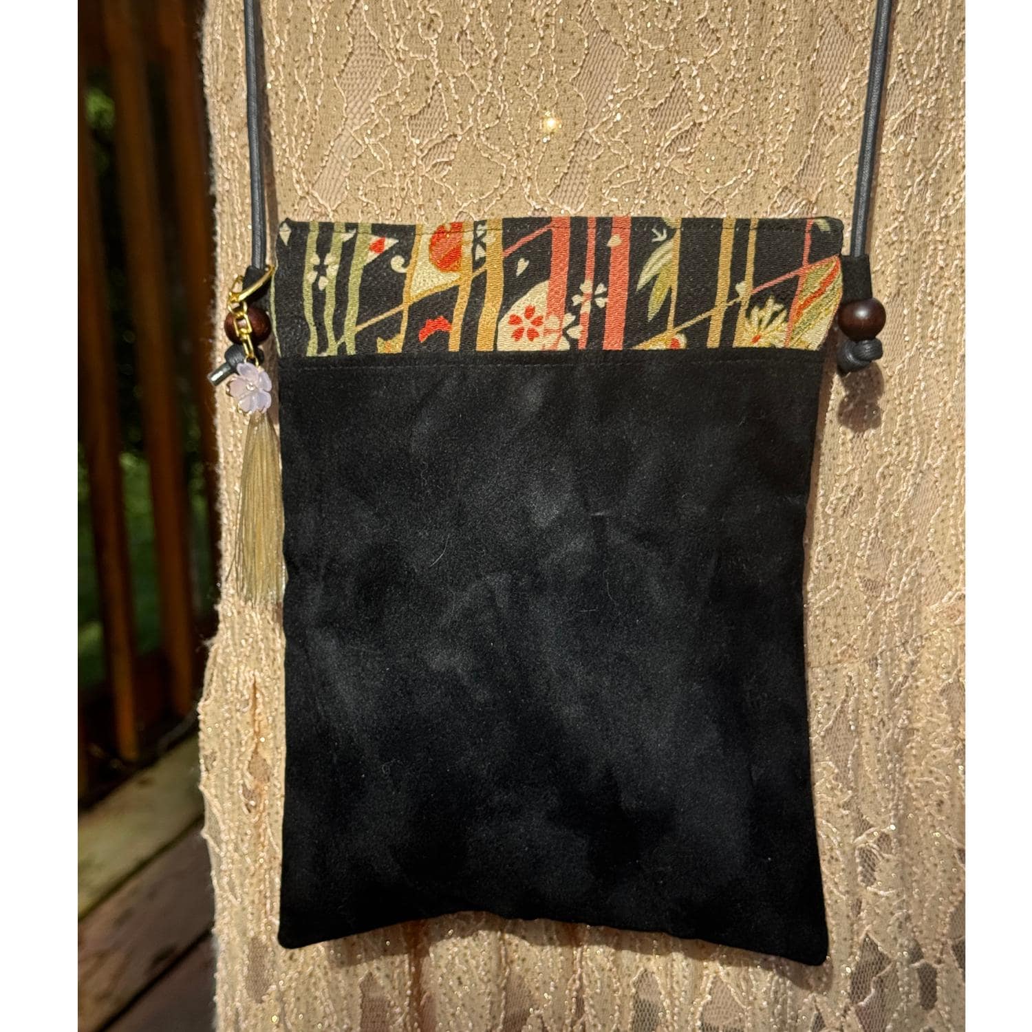 Japanese Tote Bag Purse Kimono Black Fabric Kyoto Sueded Chirimen Silk Sakura