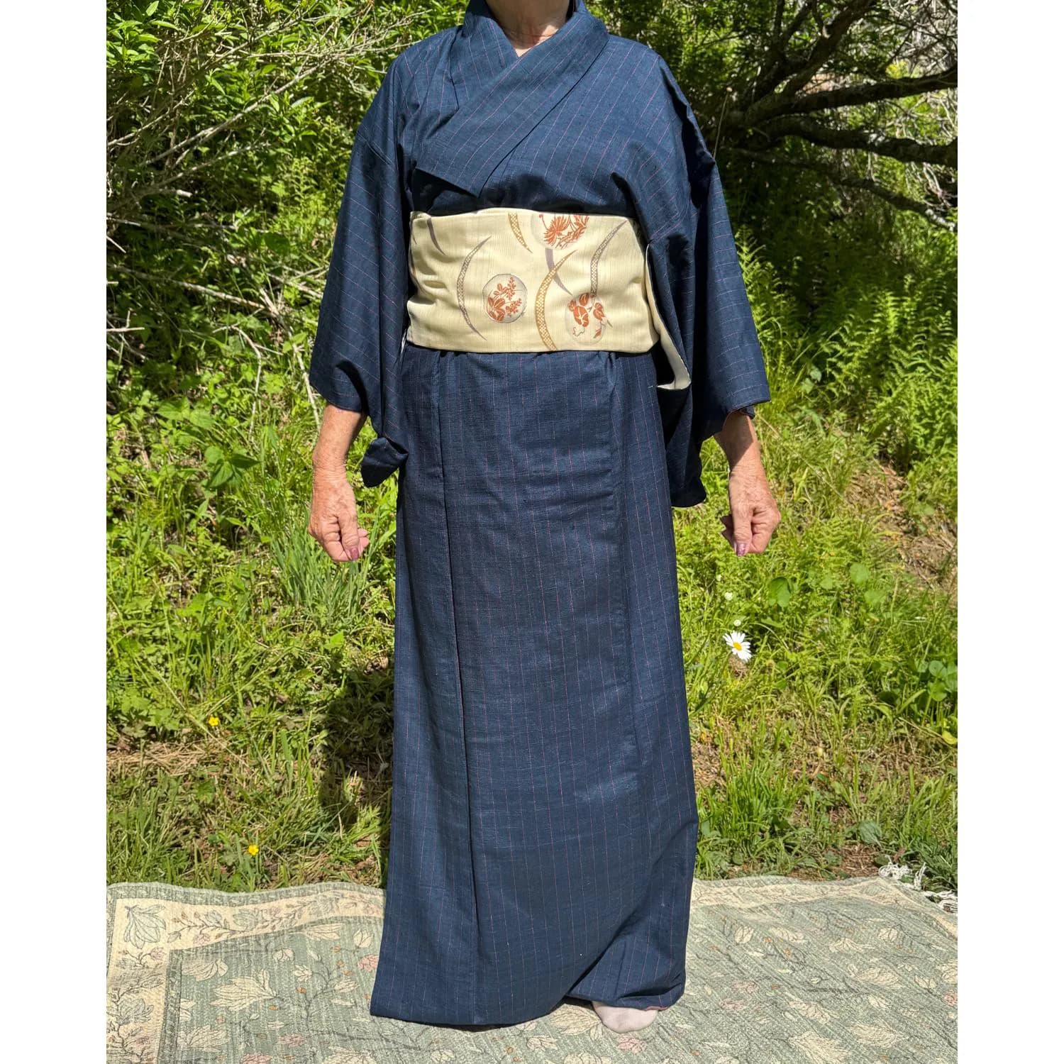 Navy Blue Striped Tsumugi Silk Women's Kimono from Japan